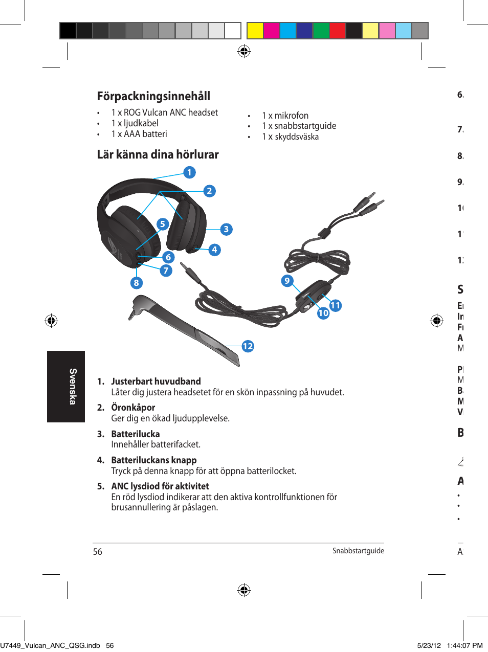 Lär känna dina hörlurar, Förpackningsinnehåll, Bär dina hörlurar | Sammanfattning av specifikationer, Sv en sk a, Att bära dina hörlurar | Asus Vulcan ANC User Manual | Page 56 / 64