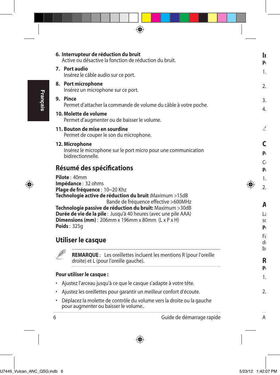 Installer la pile, Connecter le microphone et le câble audio, Ranger votre casque | Utiliser le casque, Résumé des spécifications | Asus Vulcan ANC User Manual | Page 6 / 64