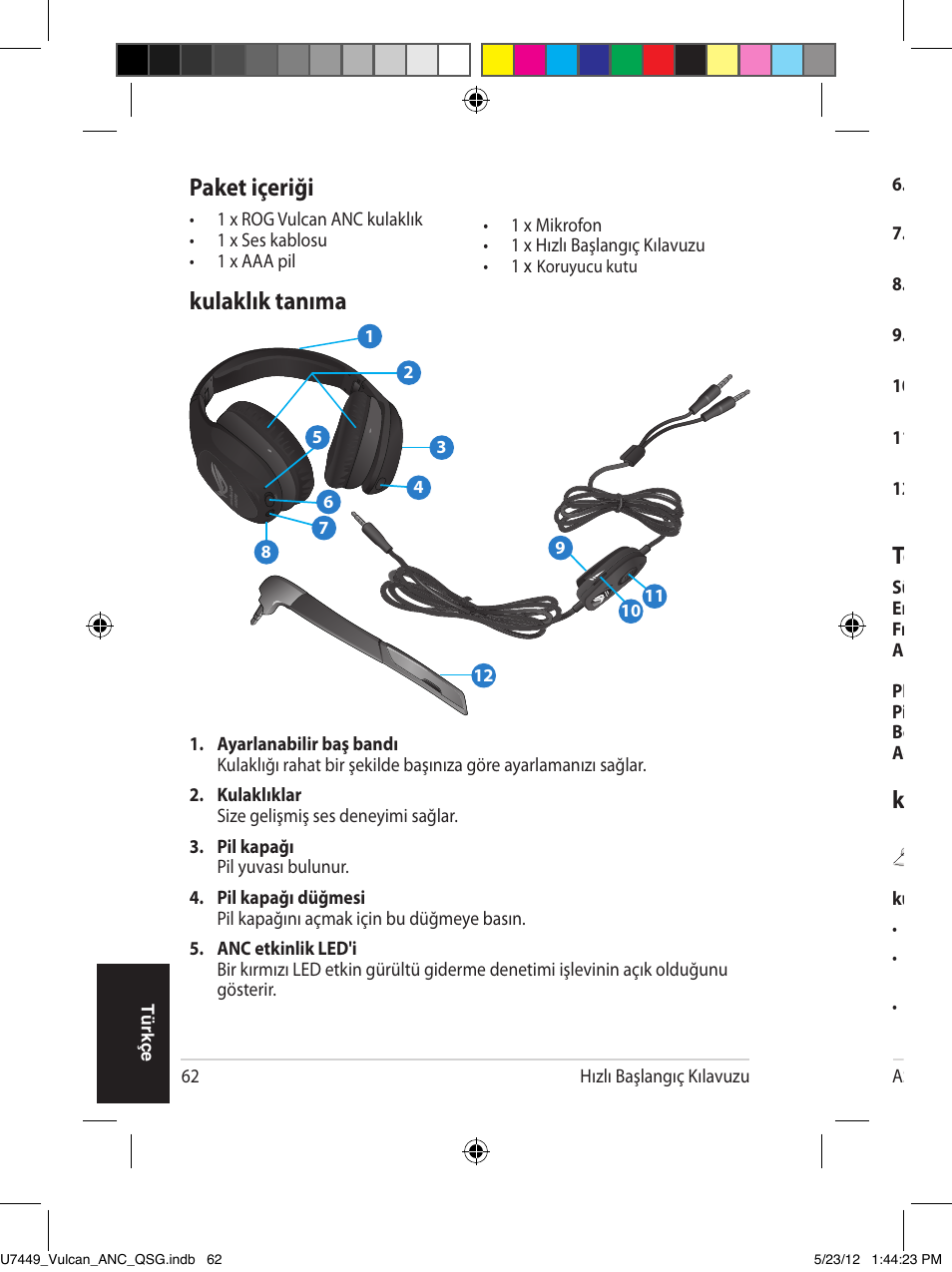 Paket içeriği, Kulaklık tanıma, Kulaklık takma | Teknik özellik özeti | Asus Vulcan ANC User Manual | Page 62 / 64