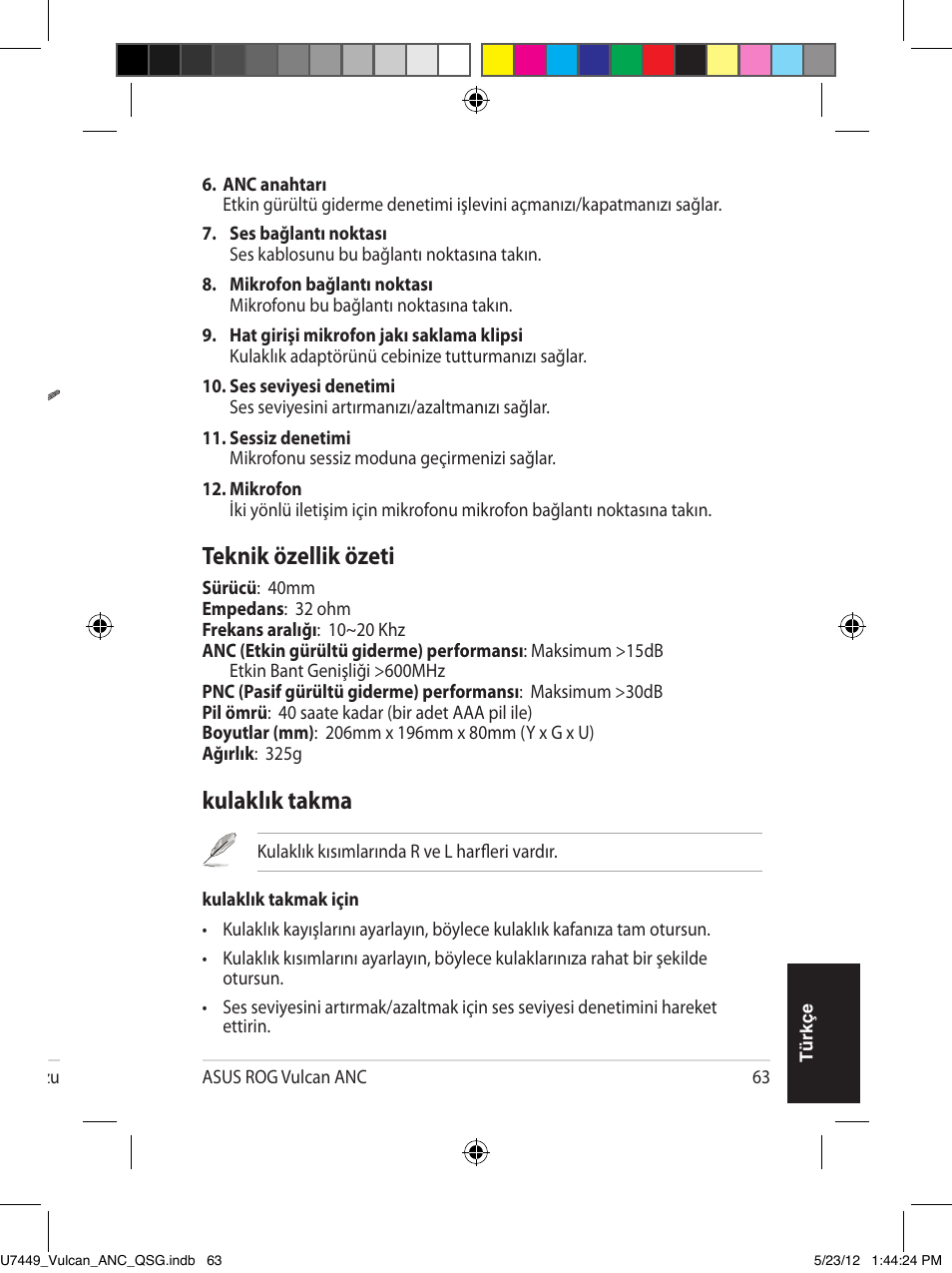 Kulaklık tanıma, Kulaklık takma, Teknik özellik özeti | Asus Vulcan ANC User Manual | Page 63 / 64