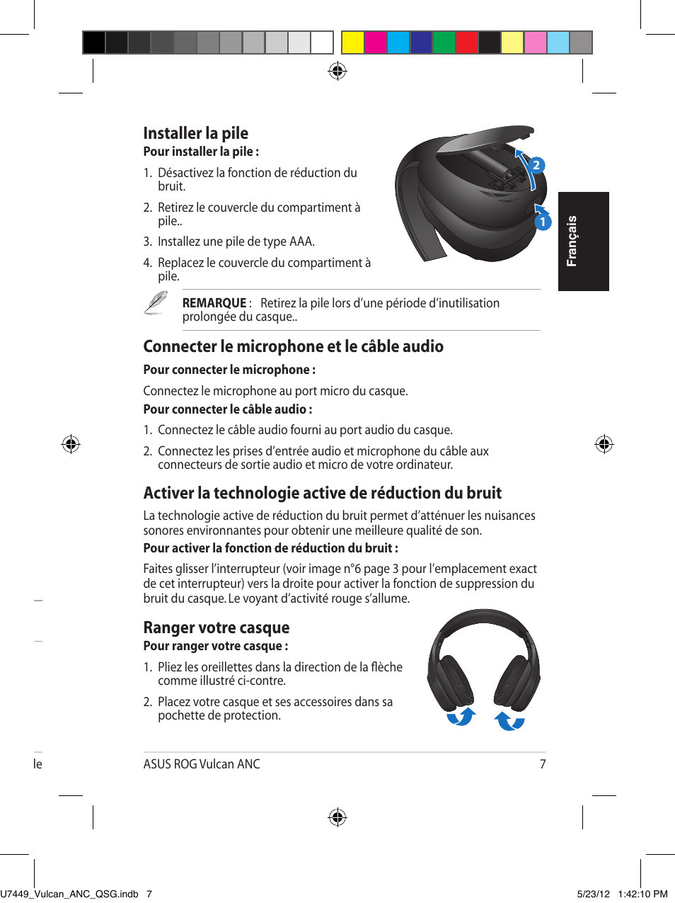 Installer la pile, Connecter le microphone et le câble audio, Ranger votre casque | Utiliser le casque, Résumé des spécifications | Asus Vulcan ANC User Manual | Page 7 / 64