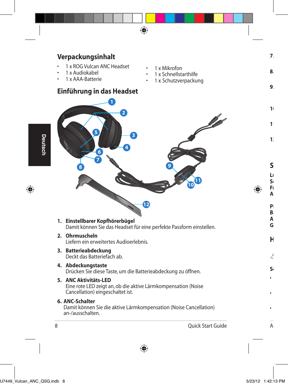 Verpackungsinhalt, Einführung in das headset, Headset verwenden | Spezifikationsübersicht | Asus Vulcan ANC User Manual | Page 8 / 64