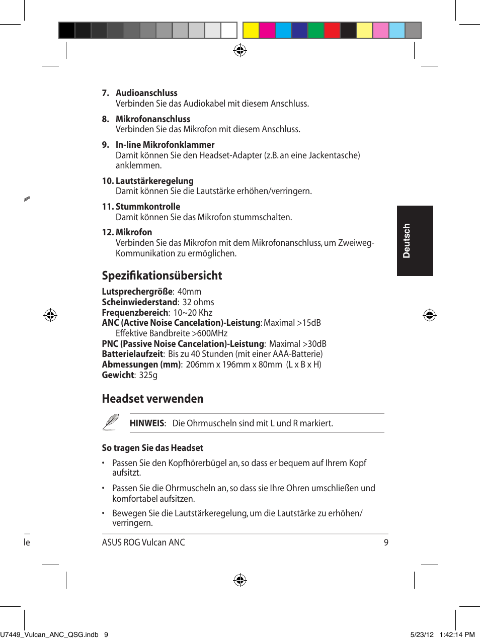 Einführung in das headset, Headset verwenden, Spezifikationsübersicht | Asus Vulcan ANC User Manual | Page 9 / 64