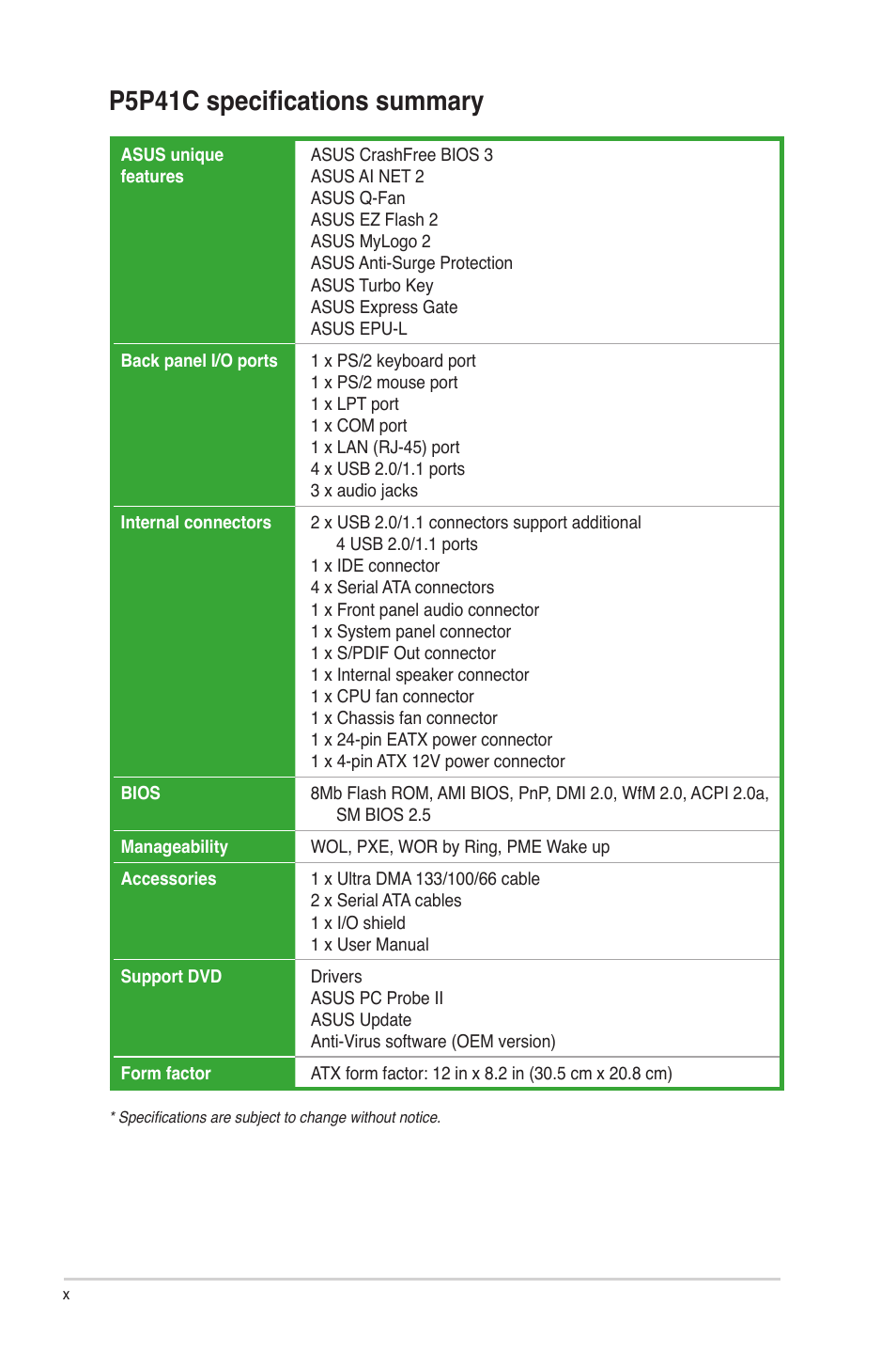 P5p41c specifications summary | Asus P5P41C User Manual | Page 10 / 62