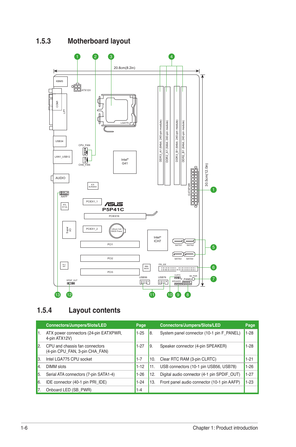 3 motherboard layout, 4 layout contents, Motherboard layout -6 | Layout contents -6, 6 chapter 1: product introduction, P5p41c | Asus P5P41C User Manual | Page 16 / 62