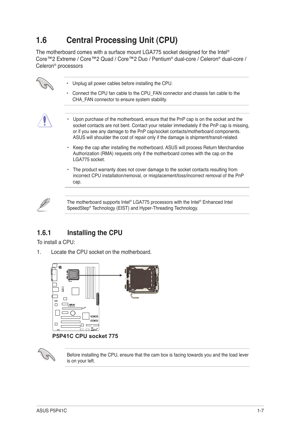 6 central processing unit (cpu), 1 installing the cpu, Central processing unit (cpu) -7 1.6.1 | Installing the cpu -7 | Asus P5P41C User Manual | Page 17 / 62