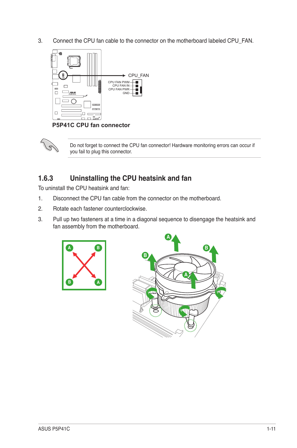 3 uninstalling the cpu heatsink and fan, Uninstalling the cpu heatsink and fan -11 | Asus P5P41C User Manual | Page 21 / 62