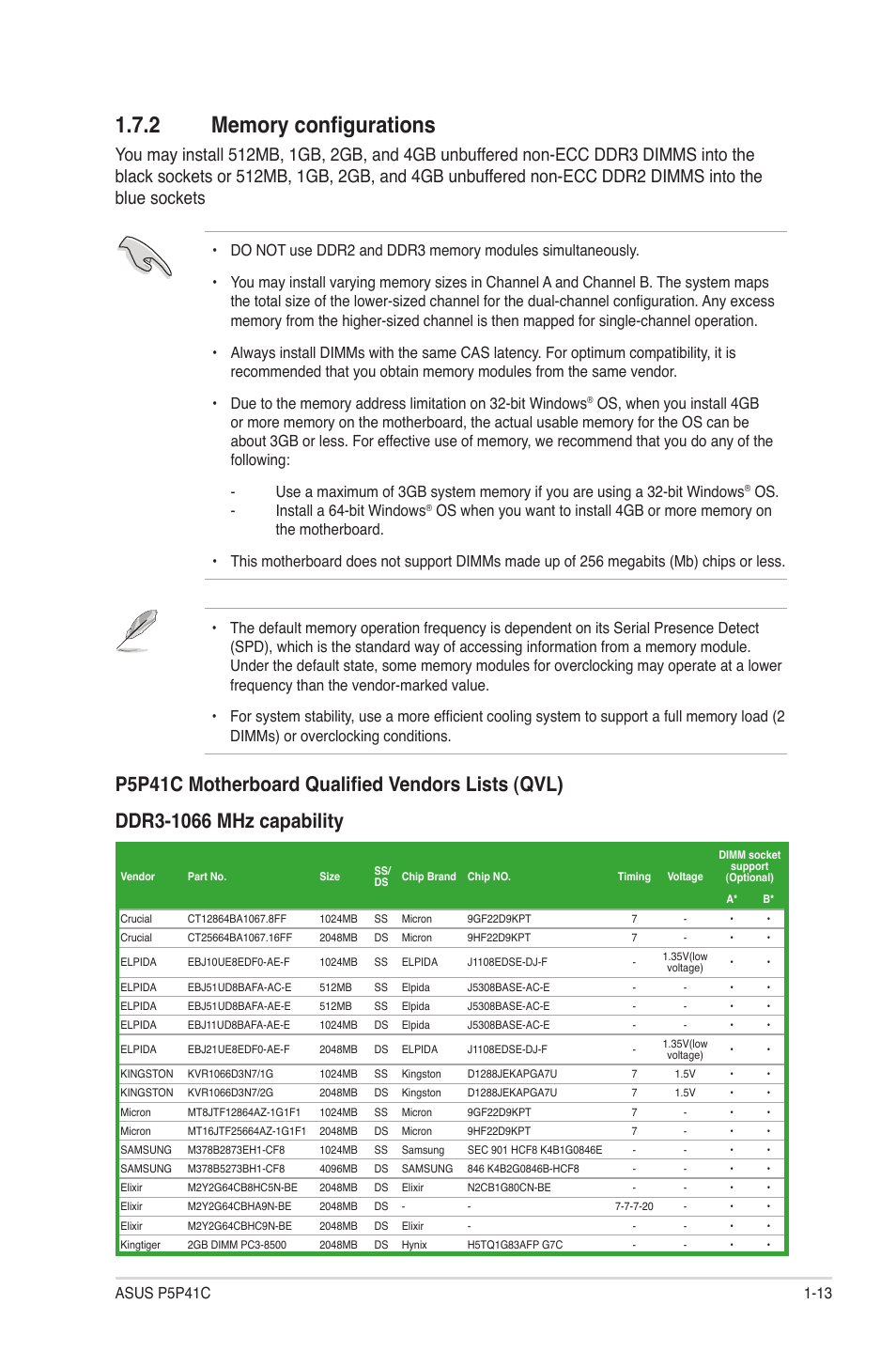 2 memory configurations, Memory configurations -13 | Asus P5P41C User Manual | Page 23 / 62