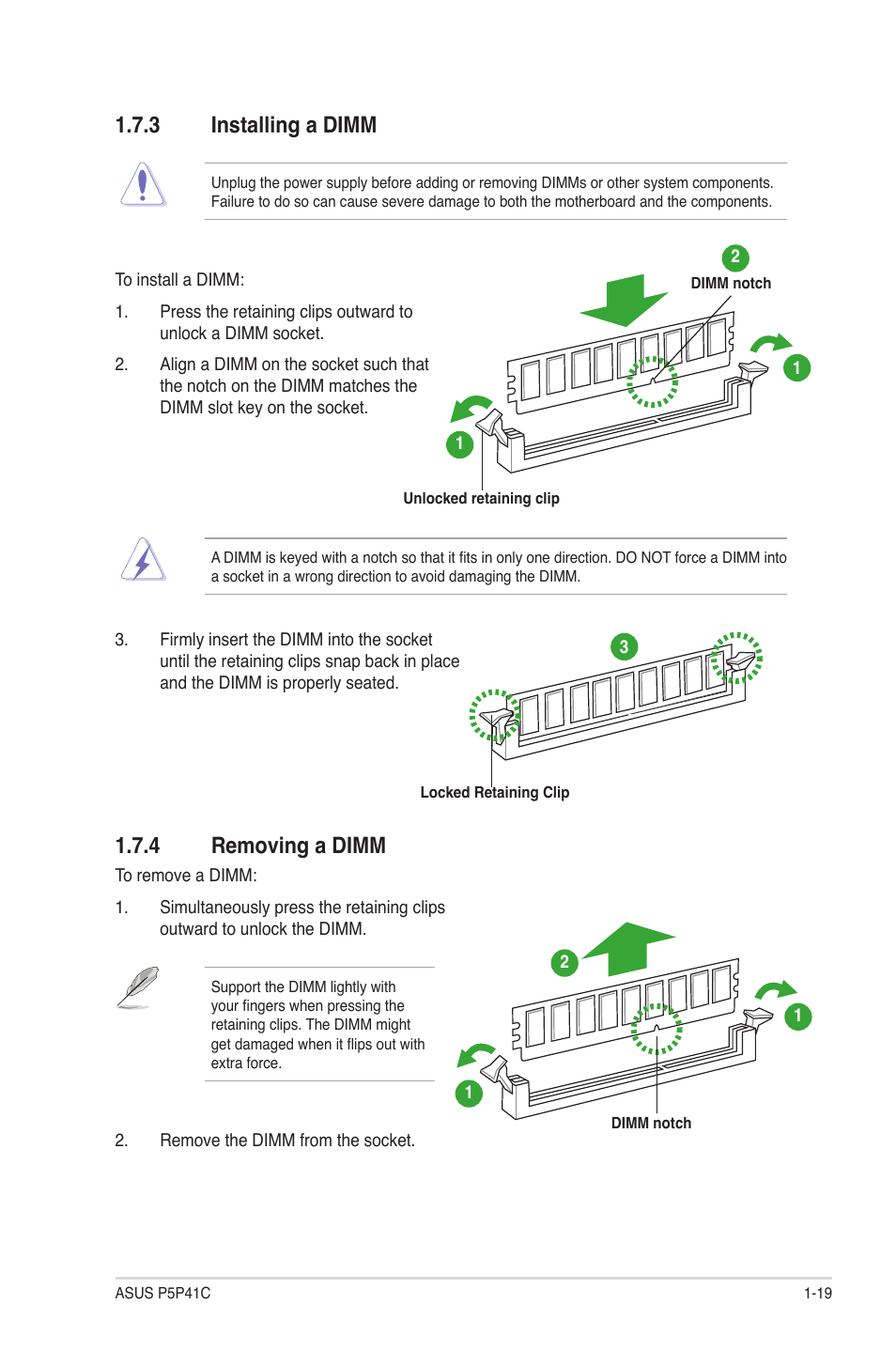 3 installing a dimm, 4 removing a dimm, Installing a dimm -19 | Removing a dimm -19 | Asus P5P41C User Manual | Page 29 / 62
