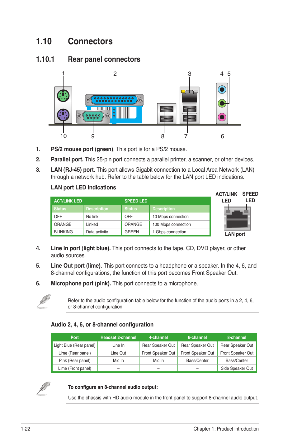 10 connectors, 1 rear panel connectors, 10 connectors -22 | 1 rear panel connectors -22 | Asus P5P41C User Manual | Page 32 / 62