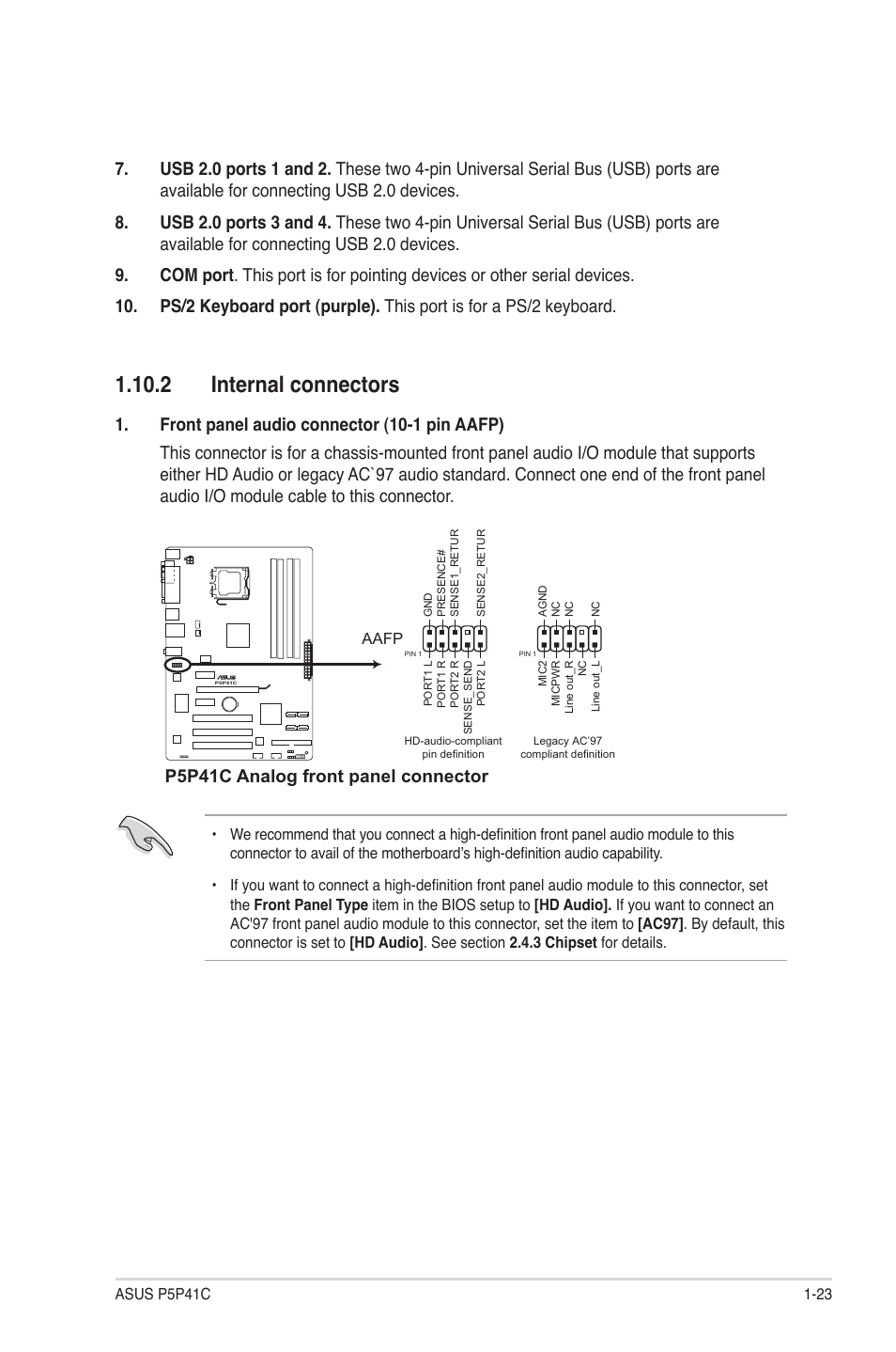 2 internal connectors, 2 internal connectors -23, P5p41c analog front panel connector | Asus P5P41C User Manual | Page 33 / 62