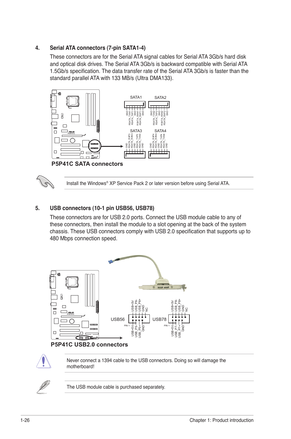 P5p41c sata connectors, 26 chapter 1: product introduction, Install the windows | Usb56, Usb78 | Asus P5P41C User Manual | Page 36 / 62