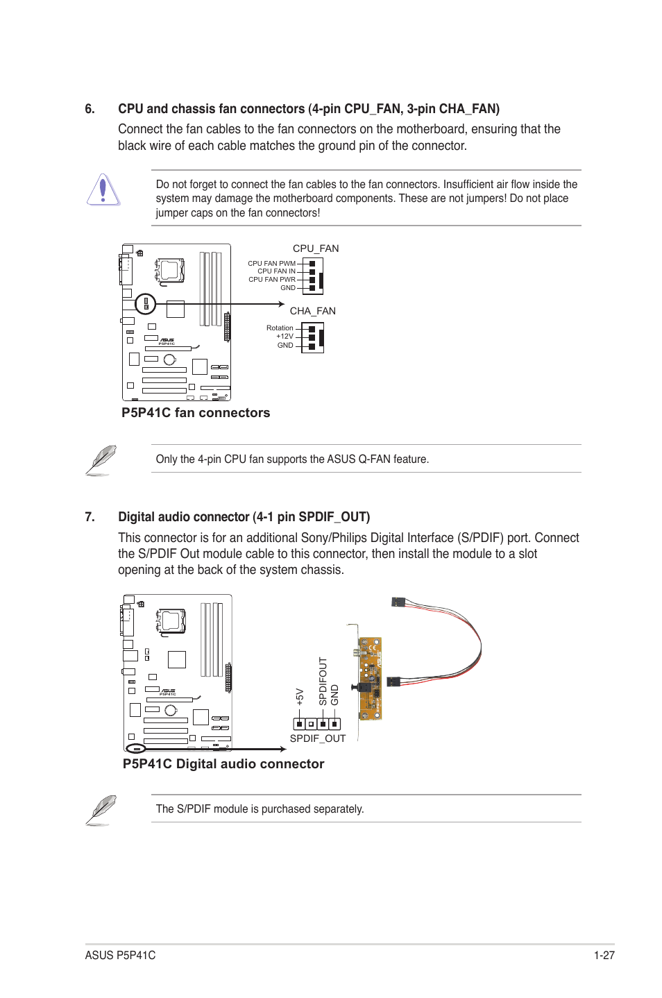 P5p41c fan connectors, P5p41c digital audio connector | Asus P5P41C User Manual | Page 37 / 62