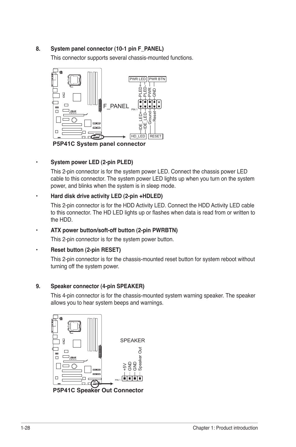 P5p41c system panel connector, F_panel, P5p41c speaker out connector | Asus P5P41C User Manual | Page 38 / 62