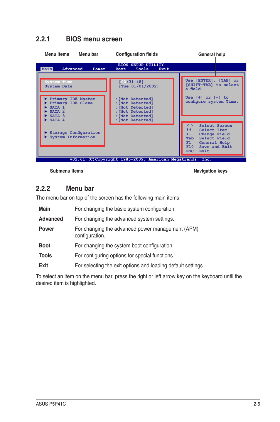 1 bios menu screen, 2 menu bar, Bios menu screen -5 | Menu bar -5 | Asus P5P41C User Manual | Page 45 / 62