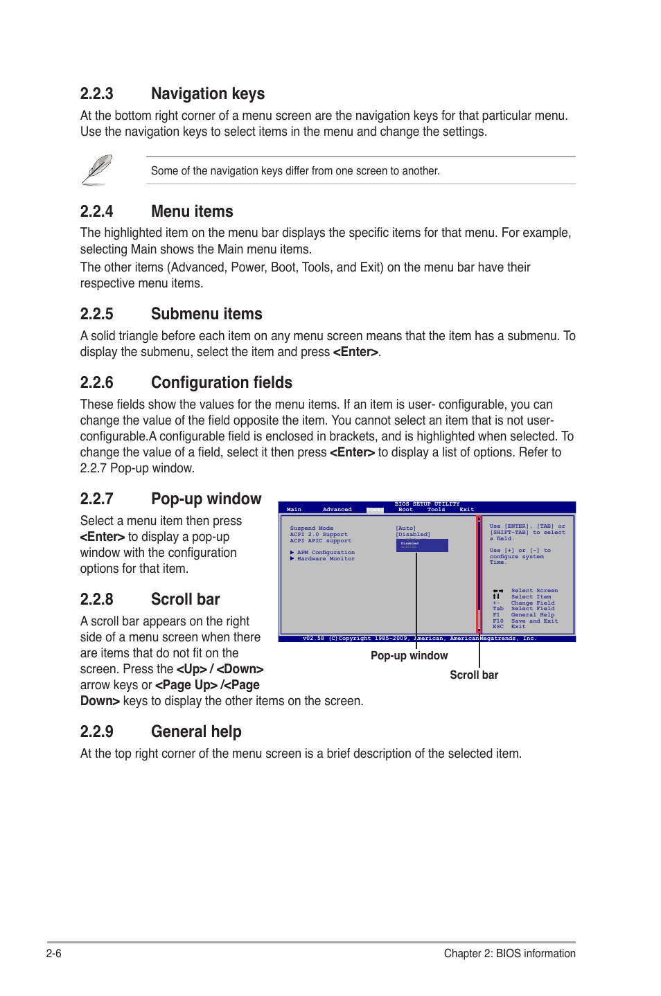 3 navigation keys, 4 menu items, 5 submenu items | 6 configuration fields, 7 pop-up window, 8 scroll bar, 9 general help, Navigation keys -6, Menu items -6, Submenu items -6 | Asus P5P41C User Manual | Page 46 / 62