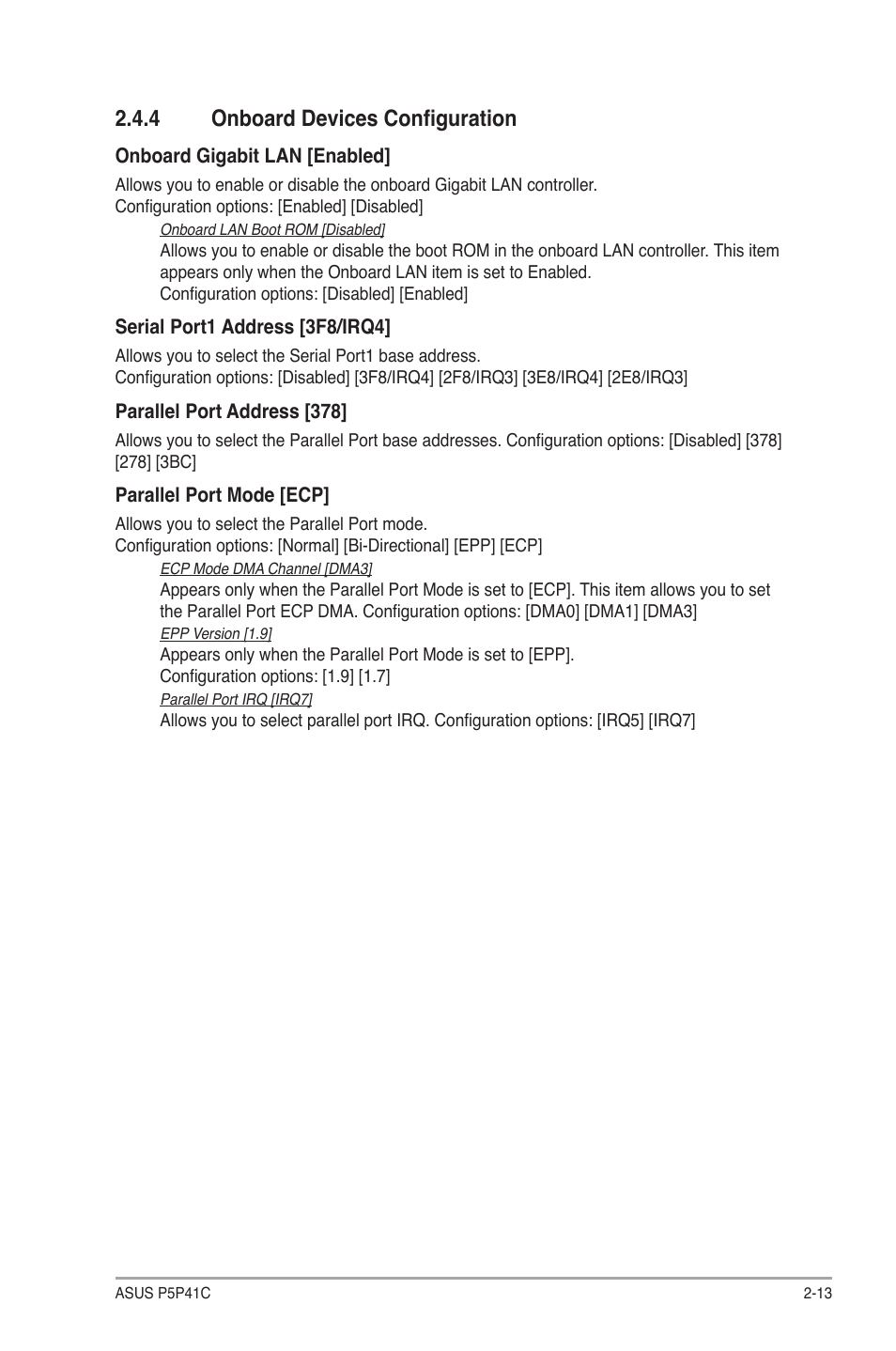 4 onboard devices configuration, Onboard devices configuration -13 | Asus P5P41C User Manual | Page 53 / 62