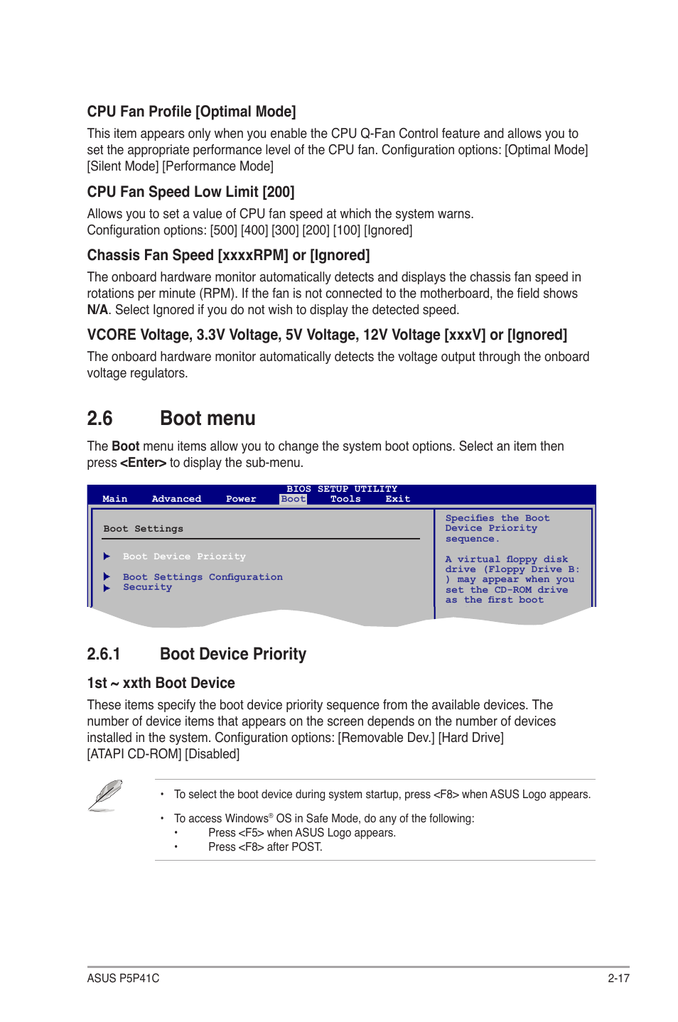 6 boot menu, 1 boot device priority, 2 boot settings configuration | Boot menu -17 2.6.1, Boot device priority -17, Boot settings configuration -17, 1st ~ xxth boot device, Cpu fan profile [optimal mode, Cpu fan speed low limit [200 | Asus P5P41C User Manual | Page 57 / 62