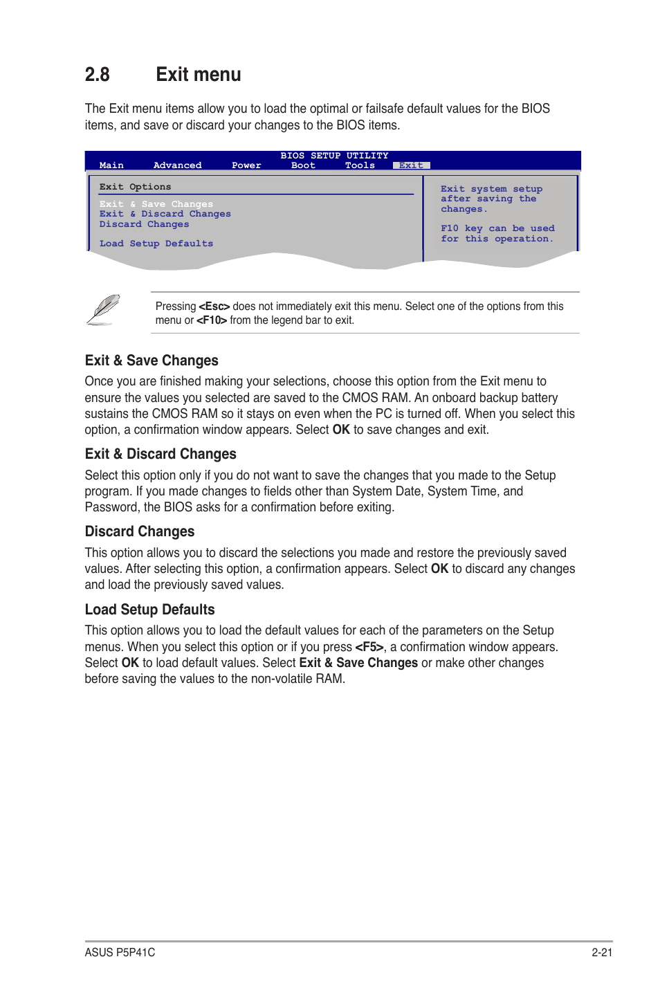 8 exit menu, Exit menu -21, Exit & save changes | Exit & discard changes, Discard changes, Load setup defaults | Asus P5P41C User Manual | Page 61 / 62
