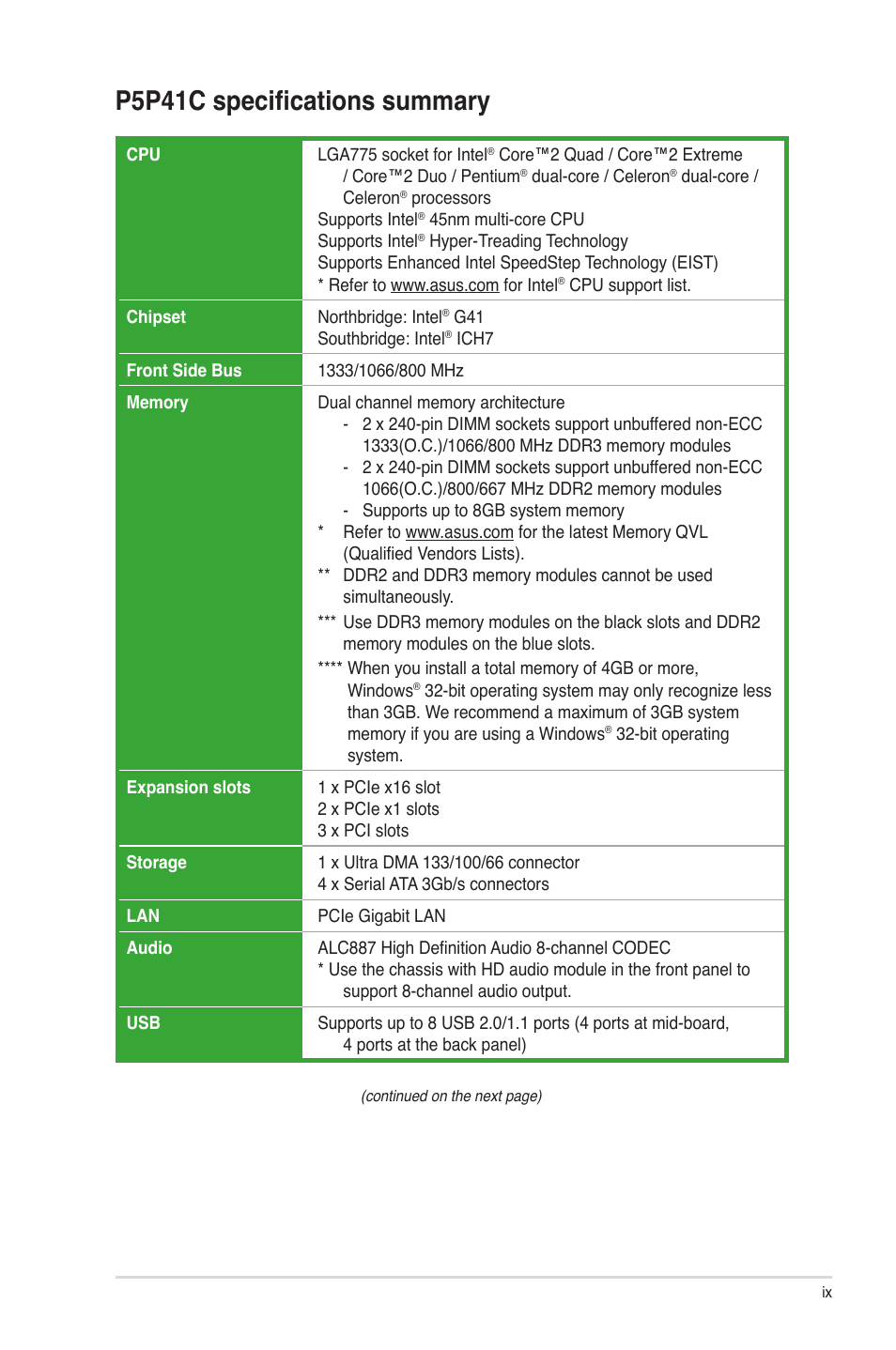 P5p41c specifications summary | Asus P5P41C User Manual | Page 9 / 62
