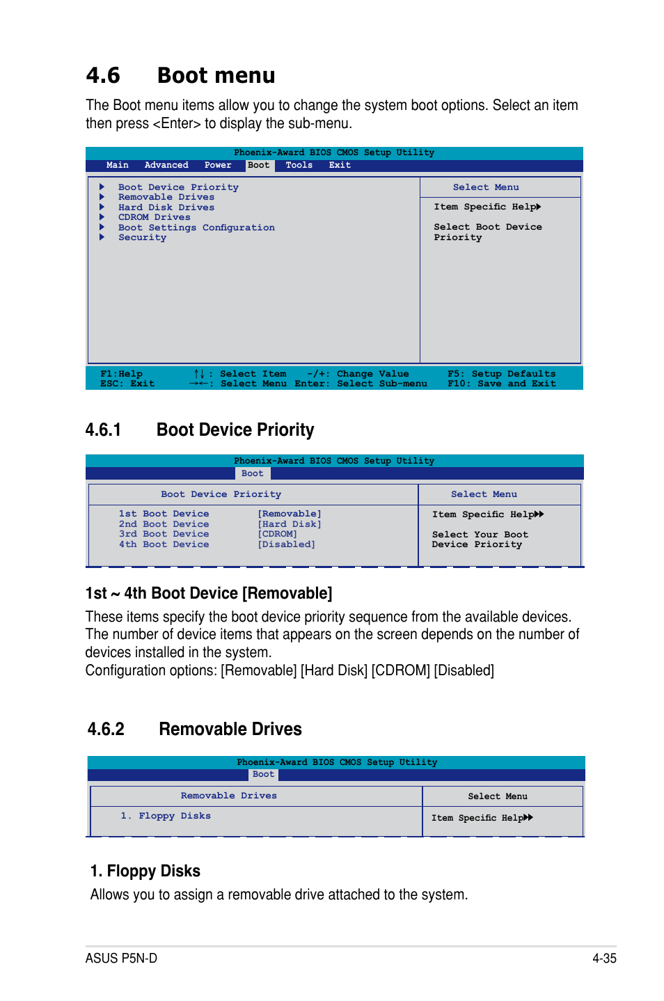 6 boot menu, 1 boot device priority, 2 removable drives | Boot menu -35 4.6.1, Boot device priority -35, Removable drives -35, 1st ~ 4th boot device [removable, Floppy disks | Asus P5N-D User Manual | Page 101 / 164