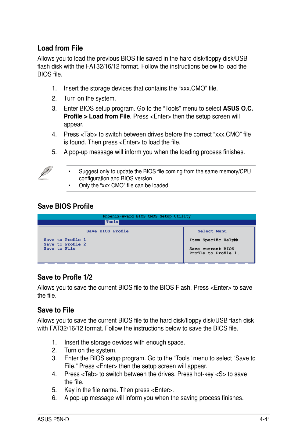 Load from file, Save bios profile save to profle 1/2, Save to file | Asus P5N-D User Manual | Page 107 / 164
