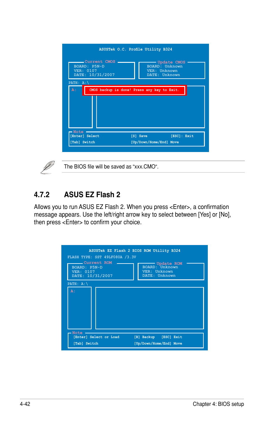 2 asus ez flash 2, Asus ez flash 2 -42, 42 chapter 4: bios setup | The bios file will be saved as “xxx.cmo | Asus P5N-D User Manual | Page 108 / 164