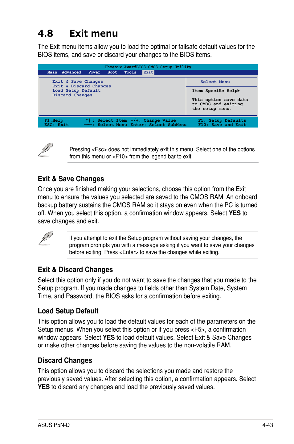 8 exit menu, Exit menu -43, Exit & save changes | Exit & discard changes, Load setup default, Discard changes | Asus P5N-D User Manual | Page 109 / 164