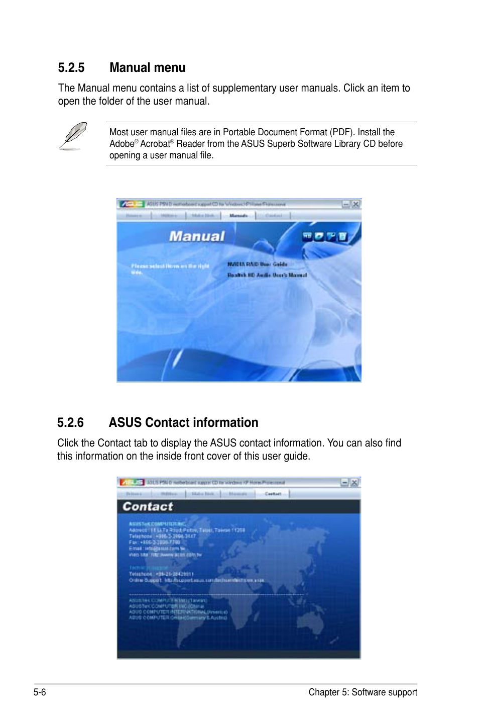 5 manual menu, 6 asus contact information, Manual menu -6 | Asus contact information -6 | Asus P5N-D User Manual | Page 118 / 164
