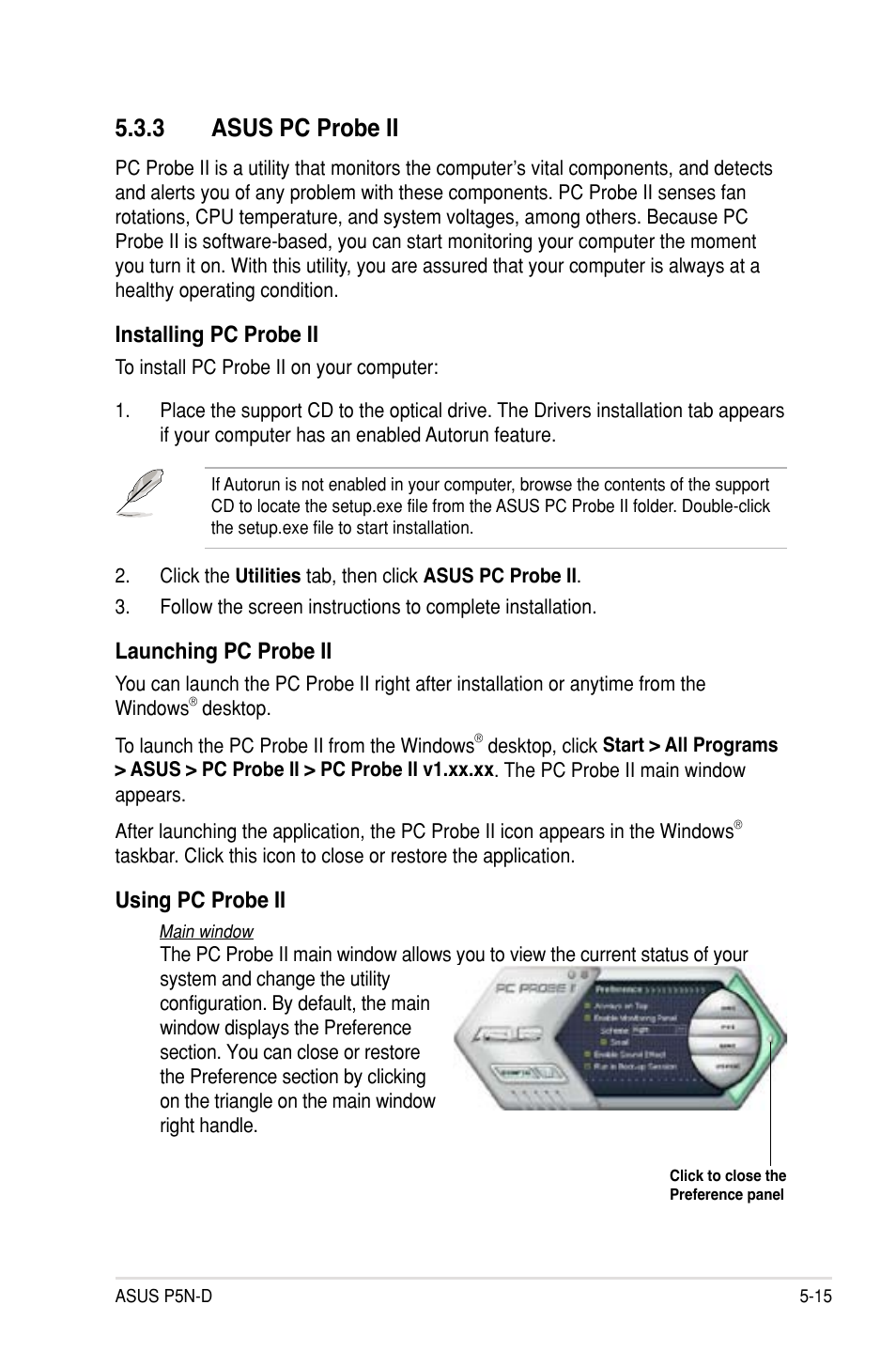3 asus pc probe ii, Asus pc probe ii -15, Installing pc probe ii | Launching pc probe ii, Using pc probe ii | Asus P5N-D User Manual | Page 127 / 164