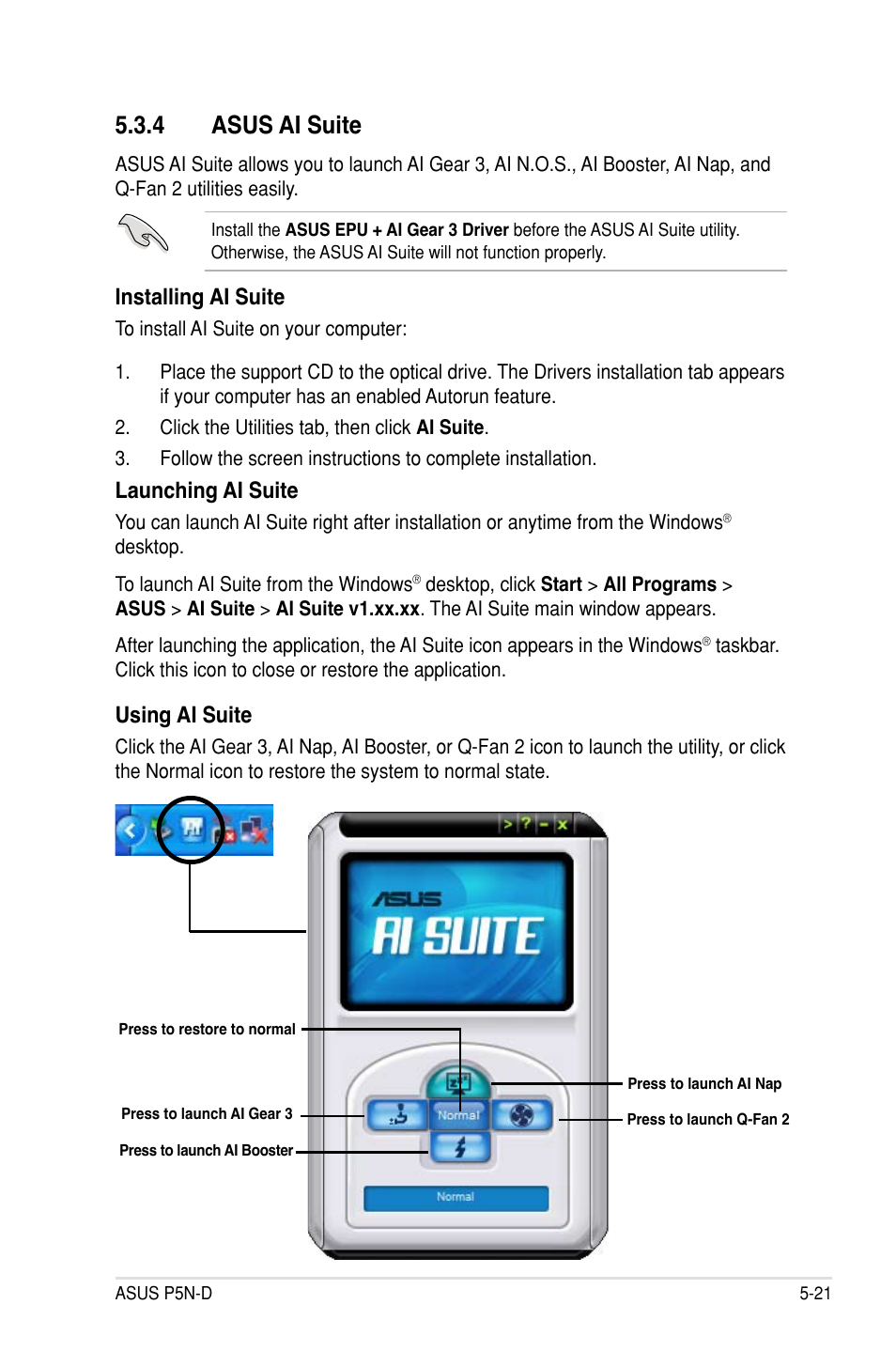 4 asus ai suite, Asus ai suite -21, Installing ai suite | Launching ai suite, Using ai suite | Asus P5N-D User Manual | Page 133 / 164