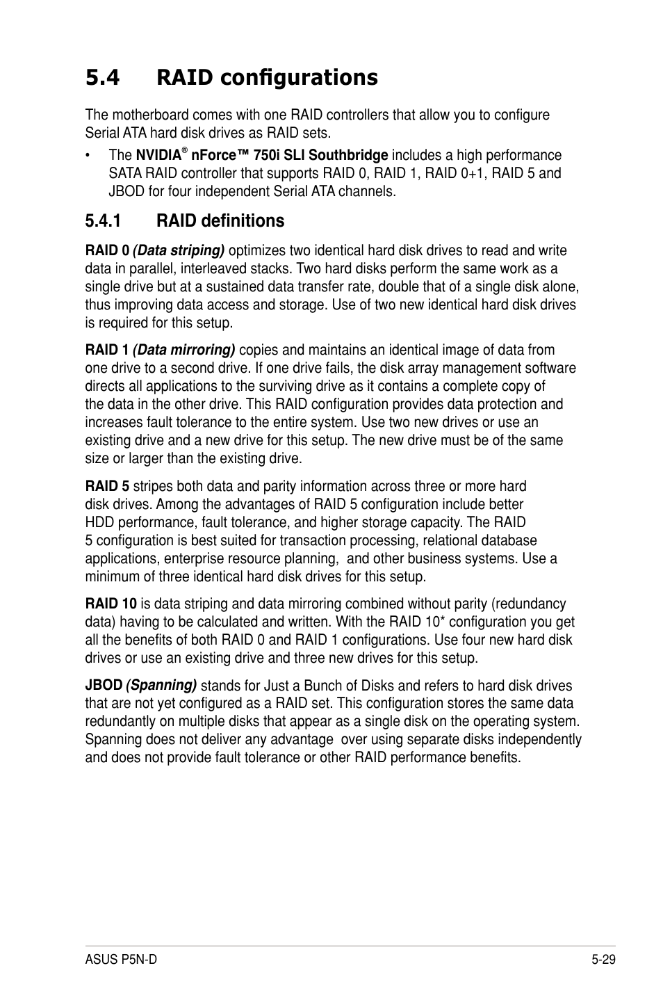 4 raid configurations, 1 raid definitions, Raid configurations -29 5.4.1 | Raid definitions -29 | Asus P5N-D User Manual | Page 141 / 164