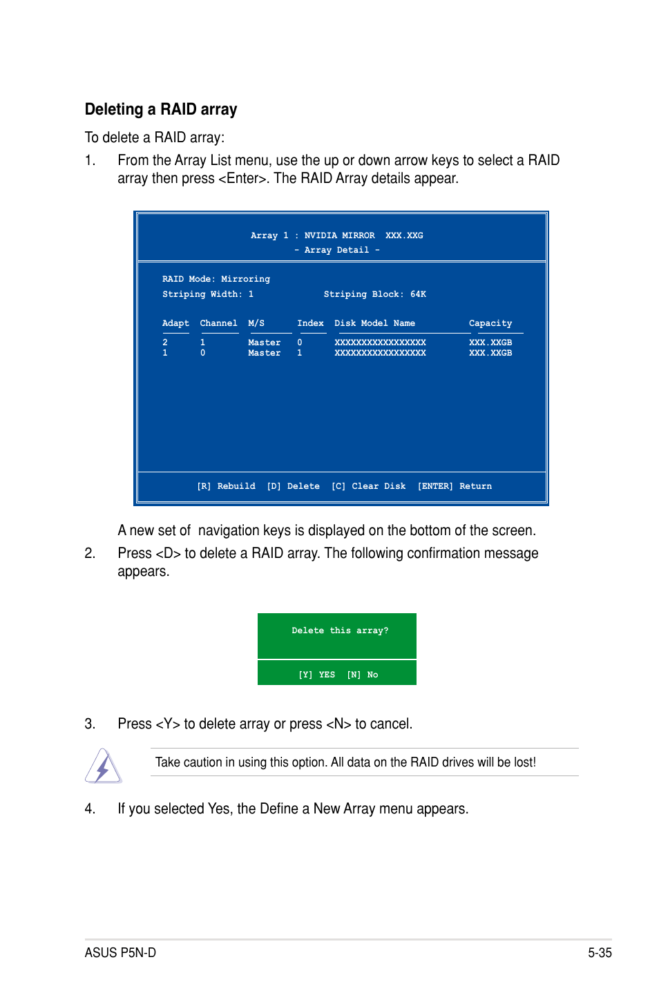 Deleting a raid array | Asus P5N-D User Manual | Page 147 / 164