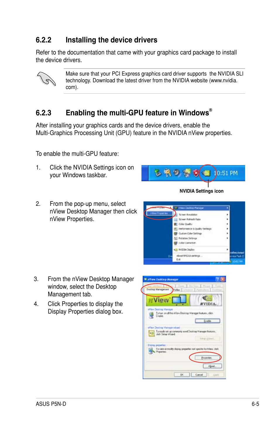 2 installing the device drivers, 3 enabling the multi-gpu feature in windows, Installing the device drivers -5 | Enabling the multi-gpu feature in windows | Asus P5N-D User Manual | Page 157 / 164