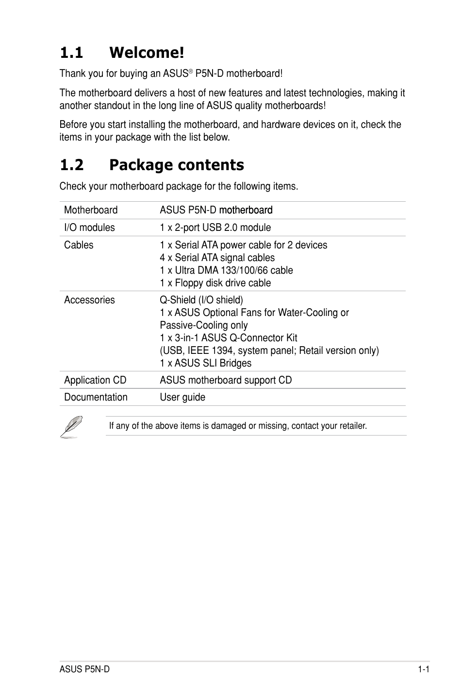 1 welcome, 2 package contents, Welcome! -1 | Package contents -1 | Asus P5N-D User Manual | Page 17 / 164