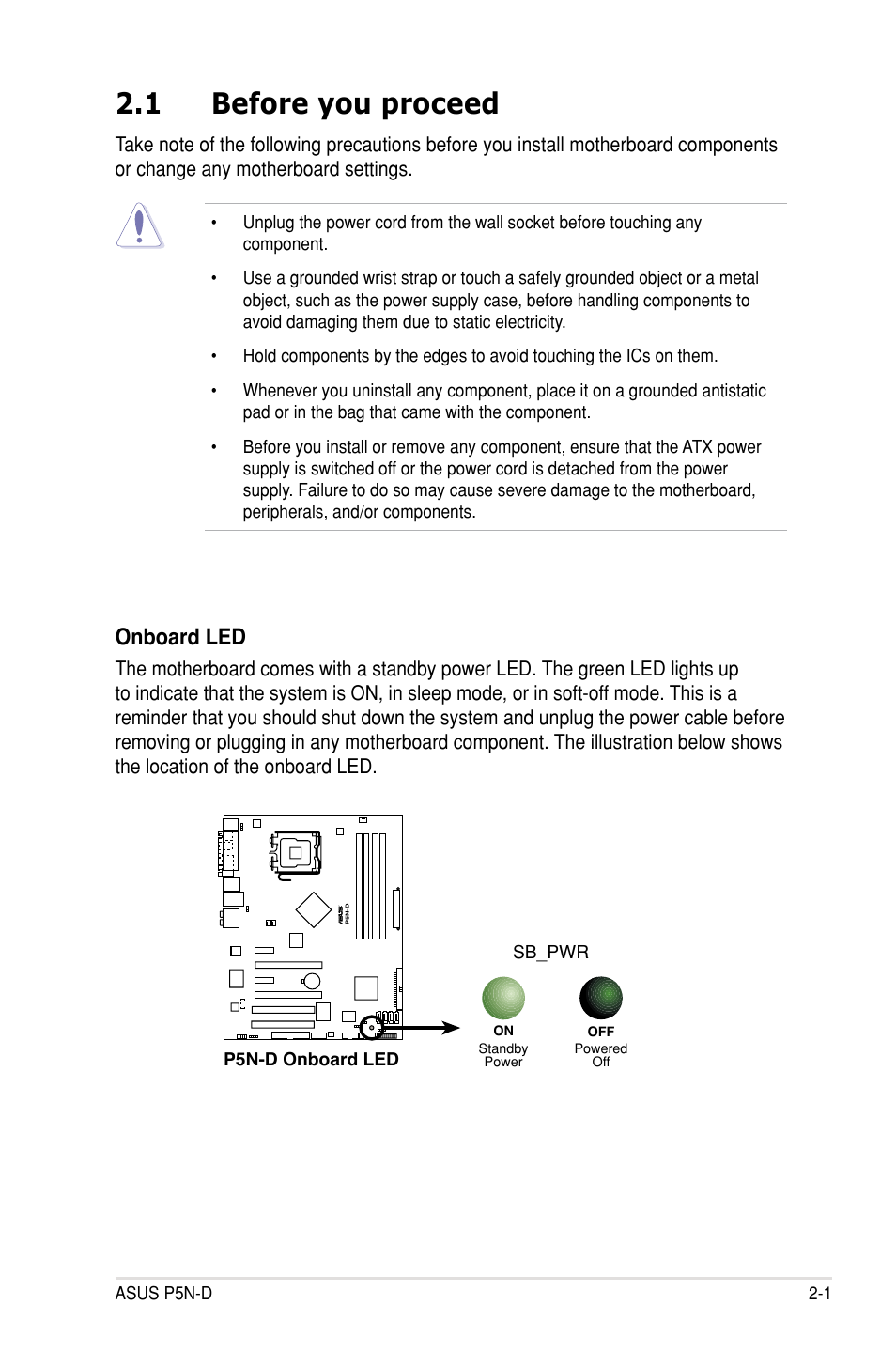 1 before you proceed, Before you proceed -1, Onboard led | Asus P5N-D User Manual | Page 25 / 164