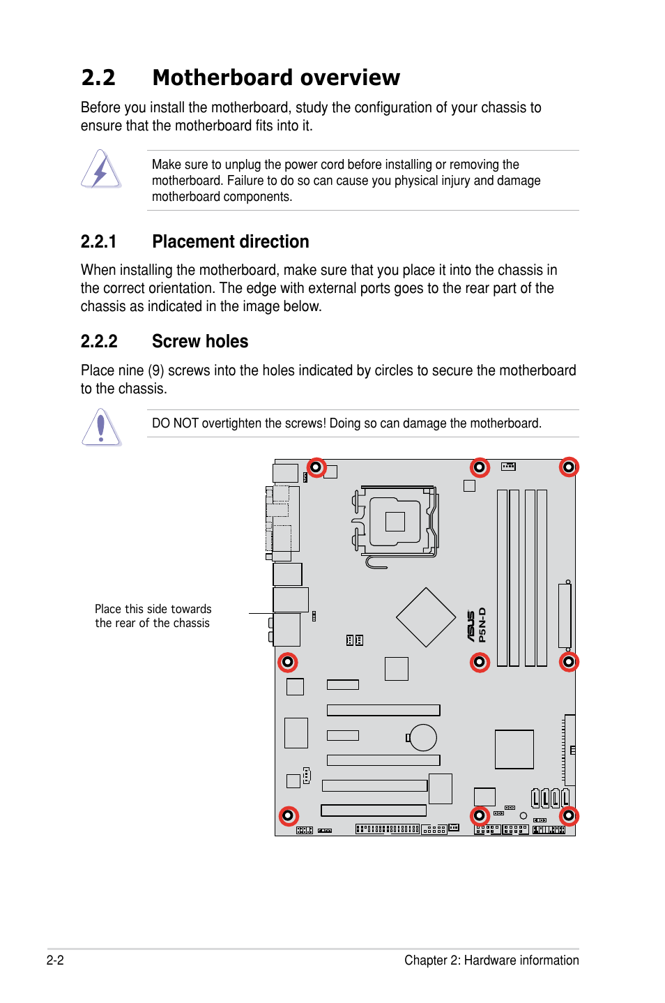 2 motherboard overview, 1 placement direction, 2 screw holes | Motherboard overview -2 2.2.1, Placement direction -2, Screw holes -2 | Asus P5N-D User Manual | Page 26 / 164
