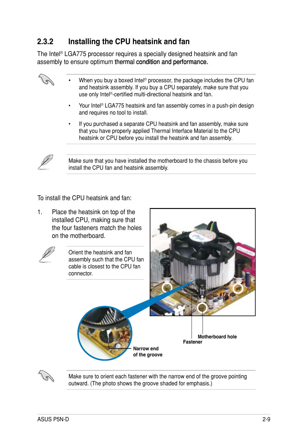 2 installing the cpu heatsink and fan, Installing the cpu heatsink and fan -9 | Asus P5N-D User Manual | Page 33 / 164