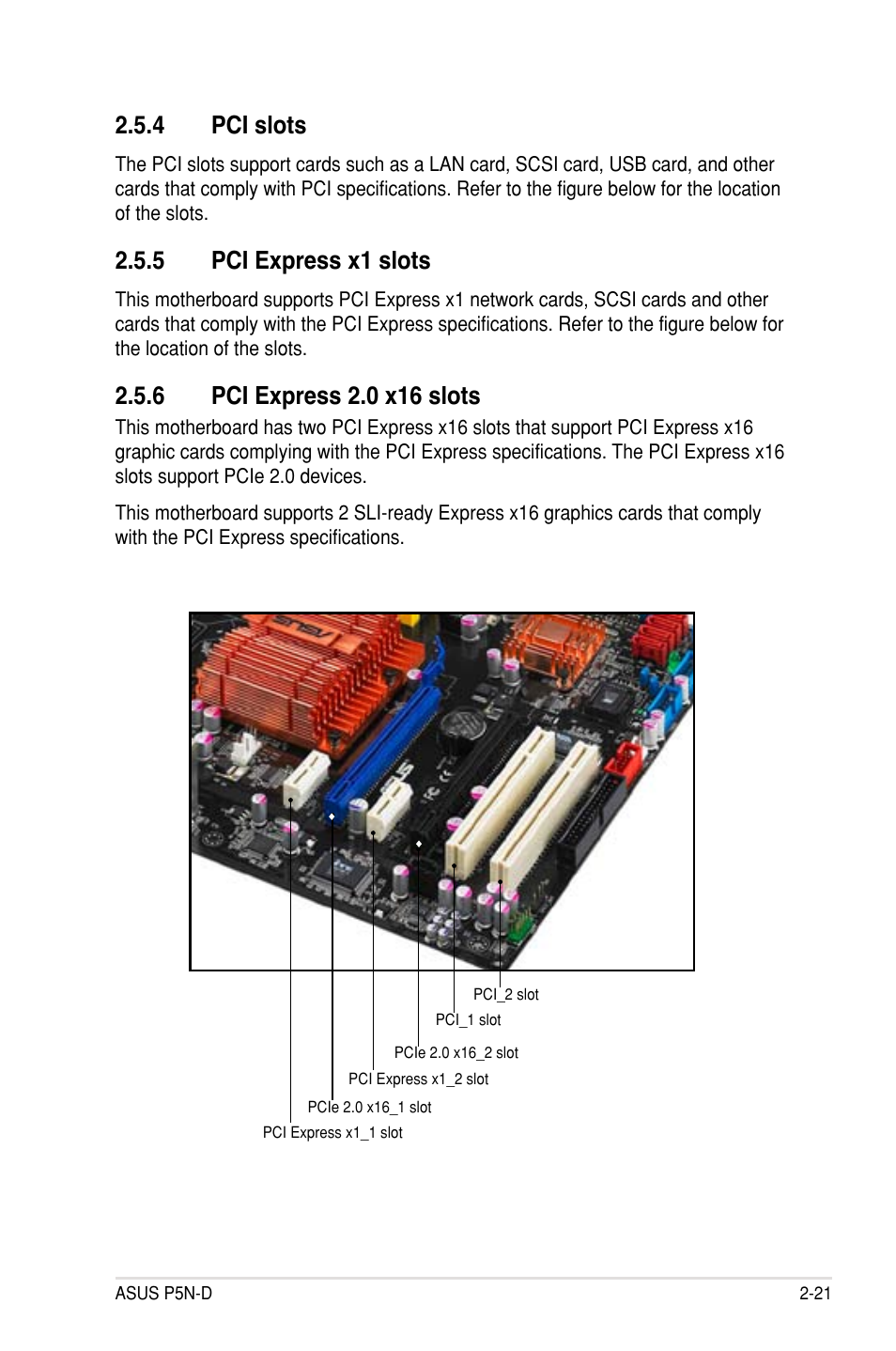 4 pci slots, 5 pci express x1 slots, 6 pci express 2.0 x16 slots | Pci slots -21, Pci express x1 slots -21, Pci express 2.0 x16 slots -21 | Asus P5N-D User Manual | Page 45 / 164