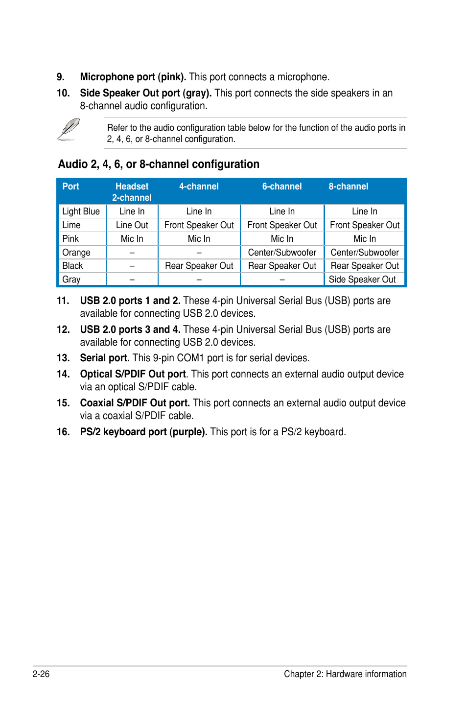 Audio 2, 4, 6, or 8-channel configuration | Asus P5N-D User Manual | Page 50 / 164