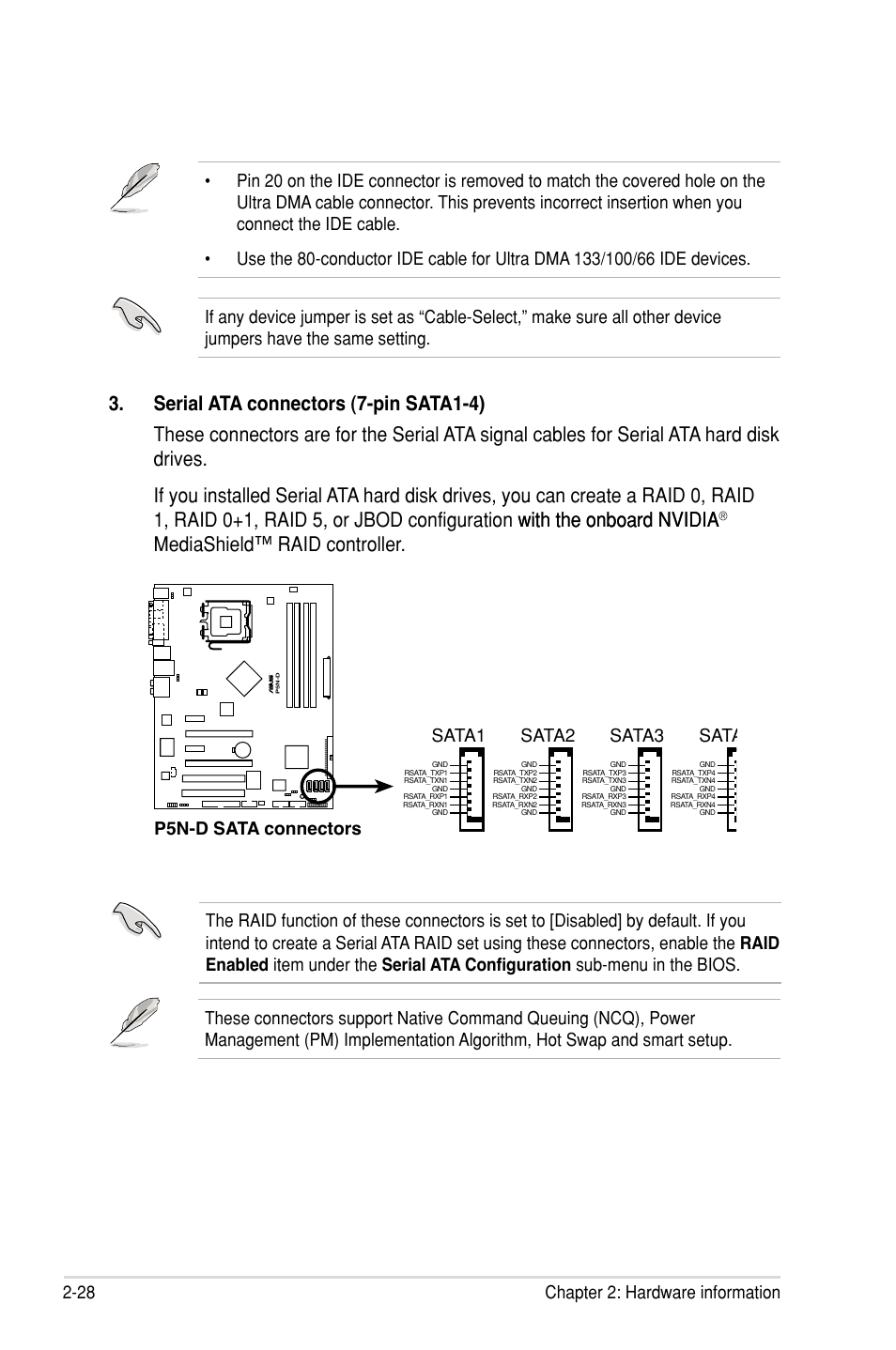 Mediashield™ raid controller, 28 chapter 2: hardware information, P5n-d sata connectors sata1 | Sata2, Sata3, Sata4 | Asus P5N-D User Manual | Page 52 / 164
