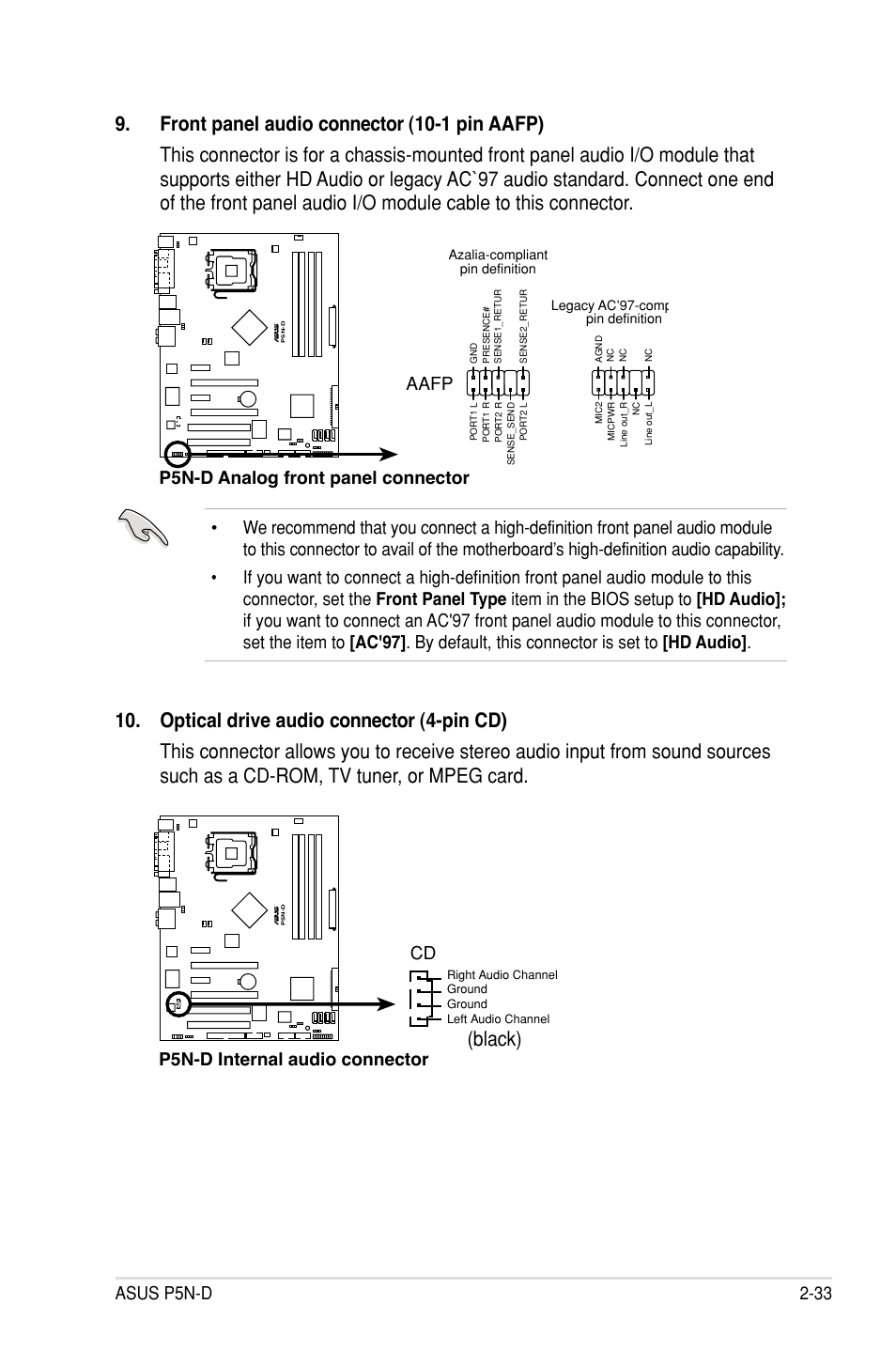 Asus p5n-d 2-33, P5n-d analog front panel connector aafp, P5n-d internal audio connector cd | Asus P5N-D User Manual | Page 57 / 164