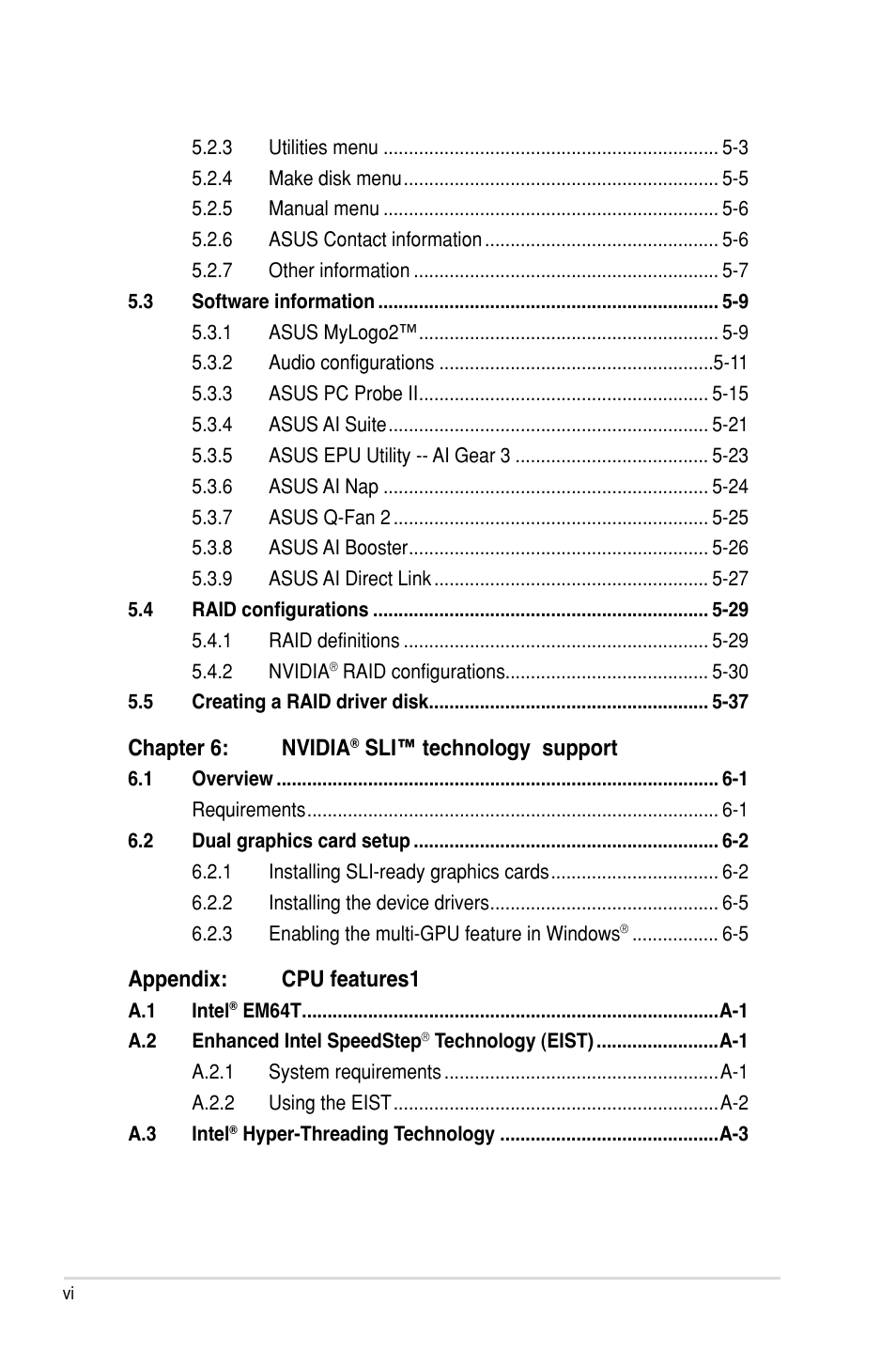 Chapter 6: nvidia, Sli™ technology support, Appendix: cpu features1 | Asus P5N-D User Manual | Page 6 / 164