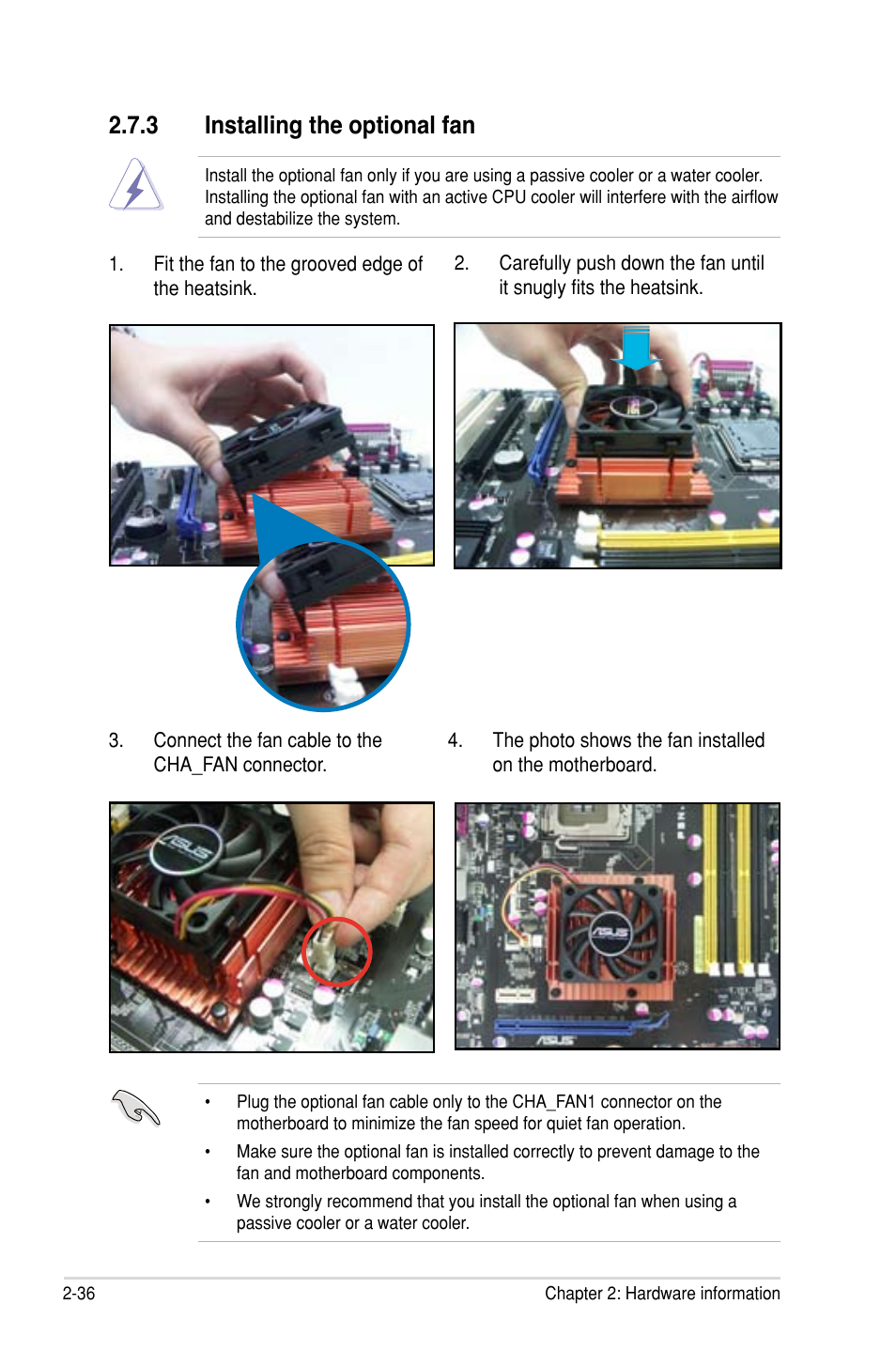 3 installing the optional fan, Installing the optional fan -36 | Asus P5N-D User Manual | Page 60 / 164