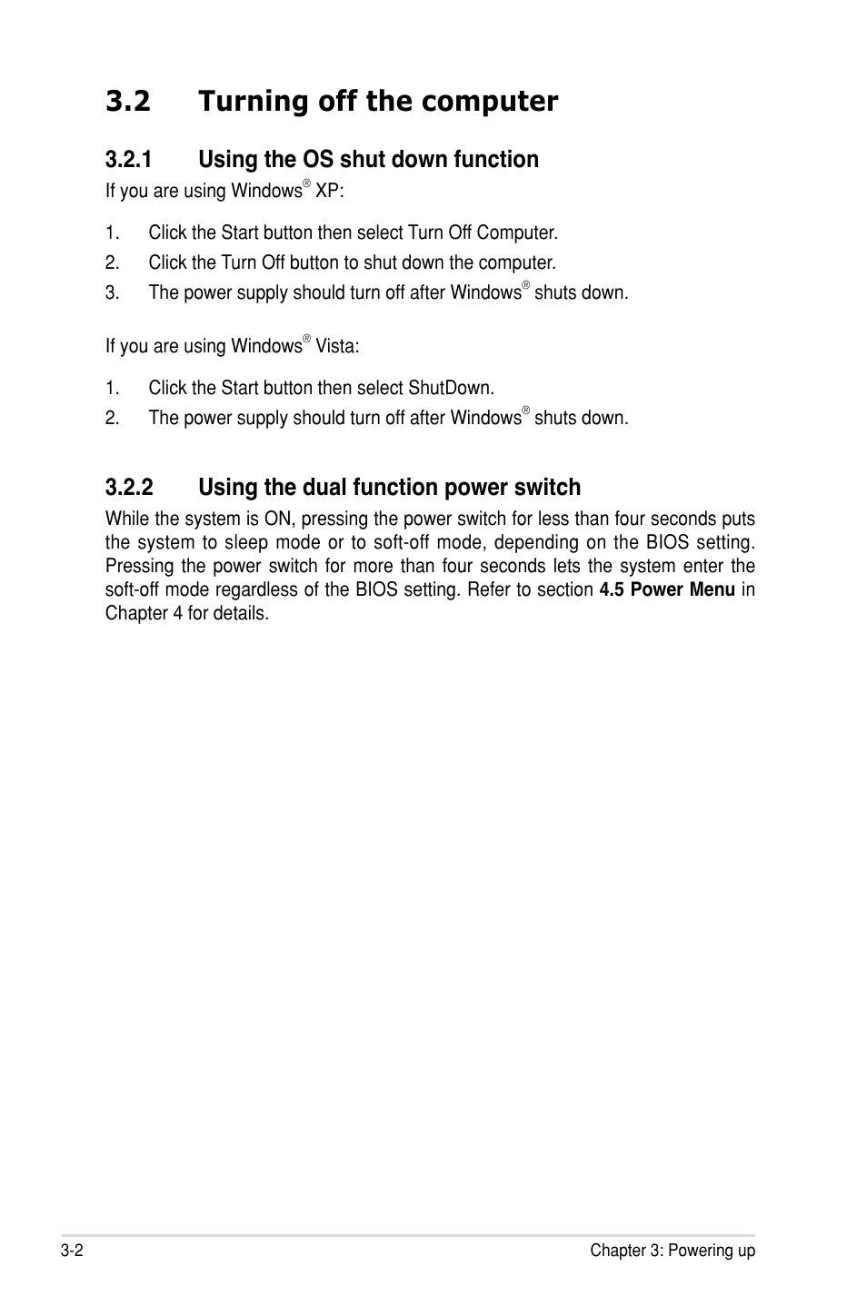 2 turning off the computer, 1 using the os shut down function, 2 using the dual function power switch | Turning off the computer -2 3.2.1, Using the os shut down function -2, Using the dual function power switch -2 | Asus P5N-D User Manual | Page 64 / 164