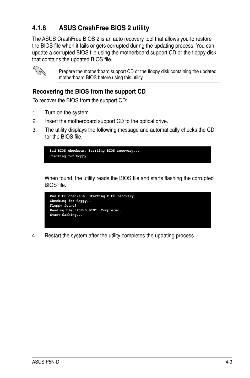 6 asus crashfree bios 2 utility, Asus crashfree bios 2 utility -9 | Asus P5N-D User Manual | Page 75 / 164