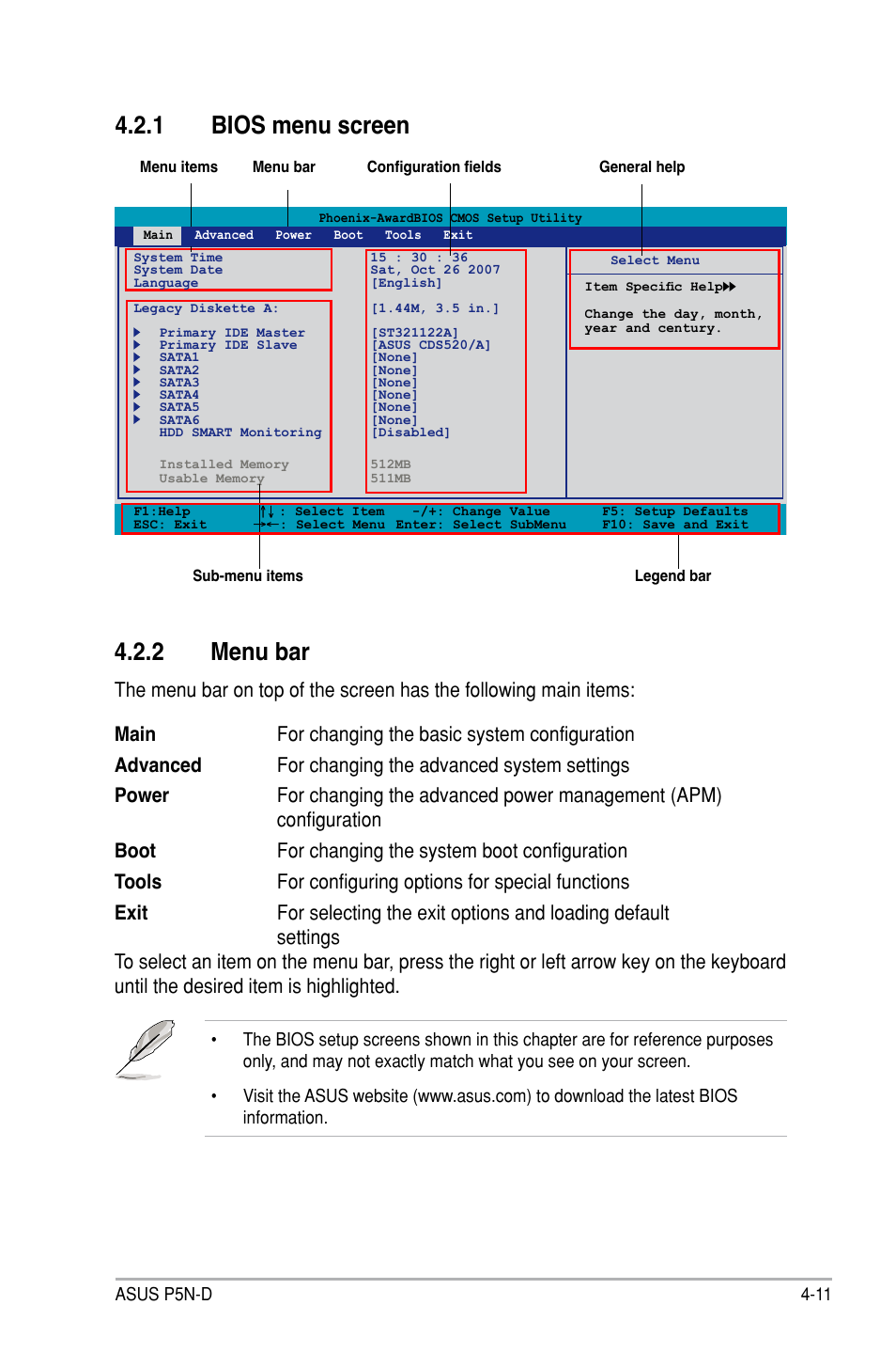 1 bios menu screen, 2 menu bar, Bios menu screen -11 | Menu bar -11 | Asus P5N-D User Manual | Page 77 / 164