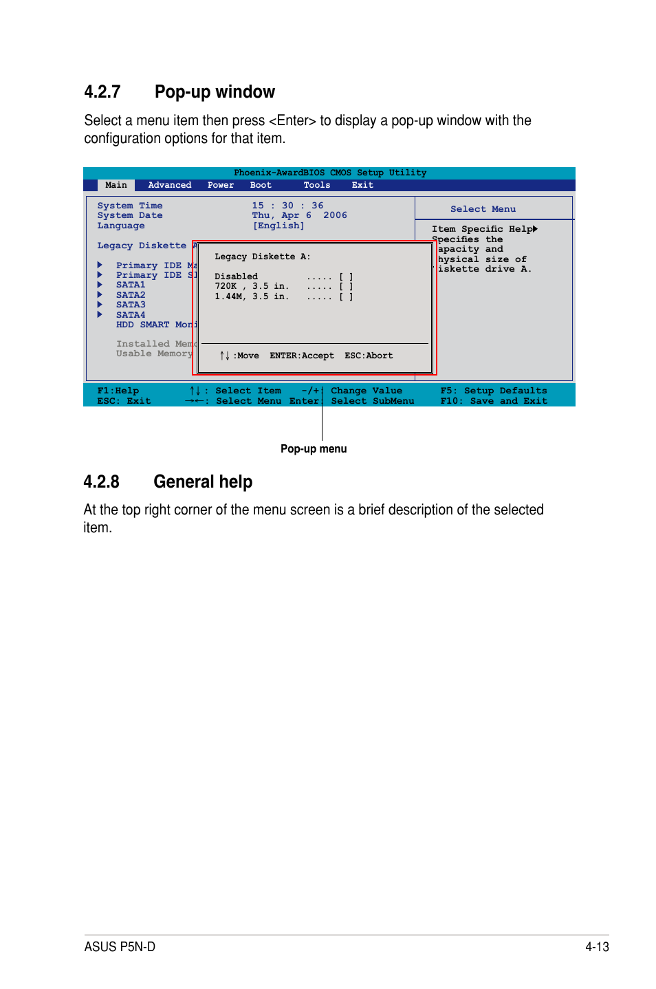 7 pop-up window, 8 general help, Pop-up window -13 | General help -13, Asus p5n-d 4-13 | Asus P5N-D User Manual | Page 79 / 164