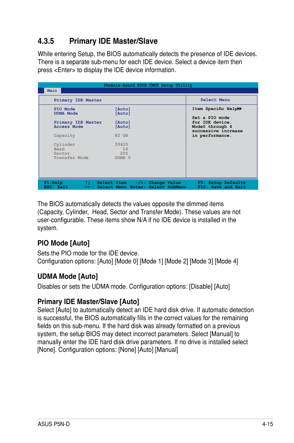 5 primary ide master/slave, Primary ide master/slave -15, Pio mode [auto | Udma mode [auto, Primary ide master/slave [auto | Asus P5N-D User Manual | Page 81 / 164