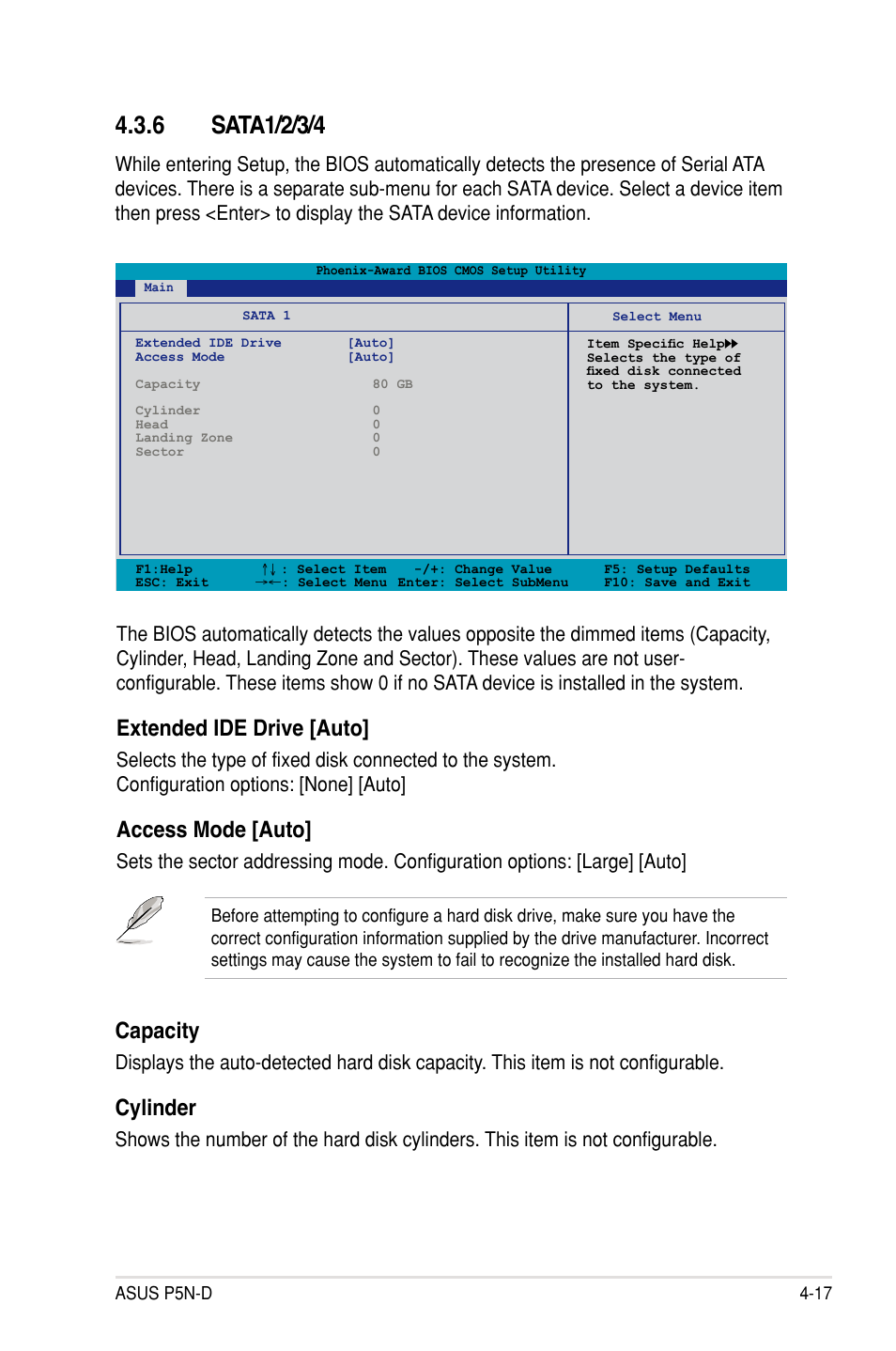 6 sata1/2/3/4, Sata1/2/3/4 -17, Extended ide drive [auto | Access mode [auto, Capacity, Cylinder | Asus P5N-D User Manual | Page 83 / 164